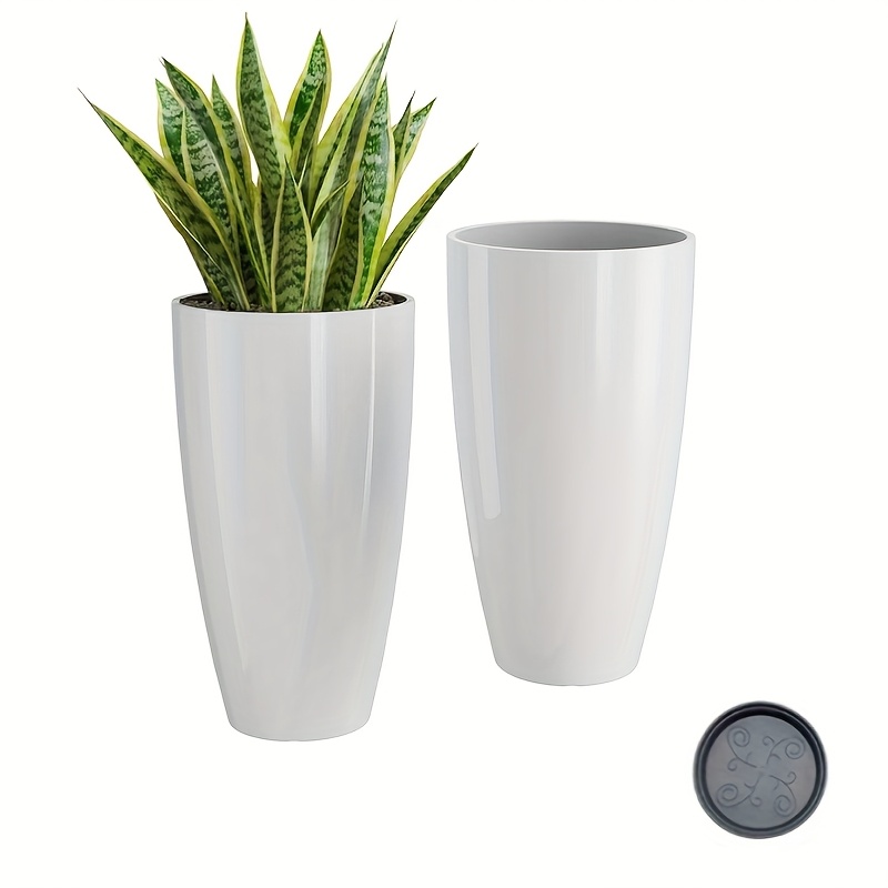 2 Pots de fleurs en résine avec motif marbre & soucoupe de H: 53.34 cm – Image 6