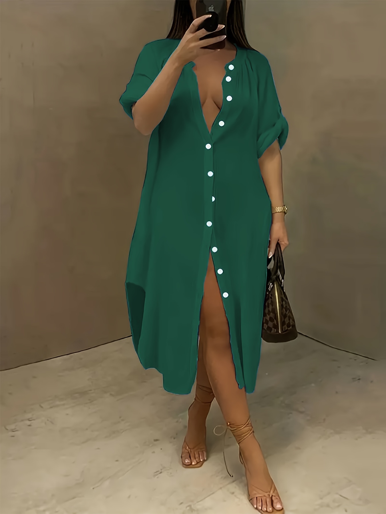 Robe chemise longue à manches roulées à col rond – Image 3