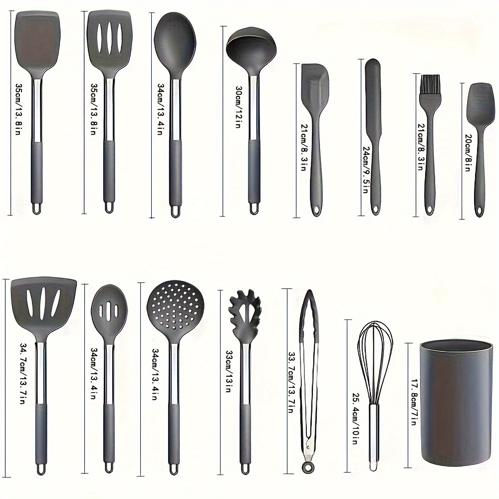 Ensemble de 15 ustensiles de cuisine en silicone avec manches en acier inoxydable