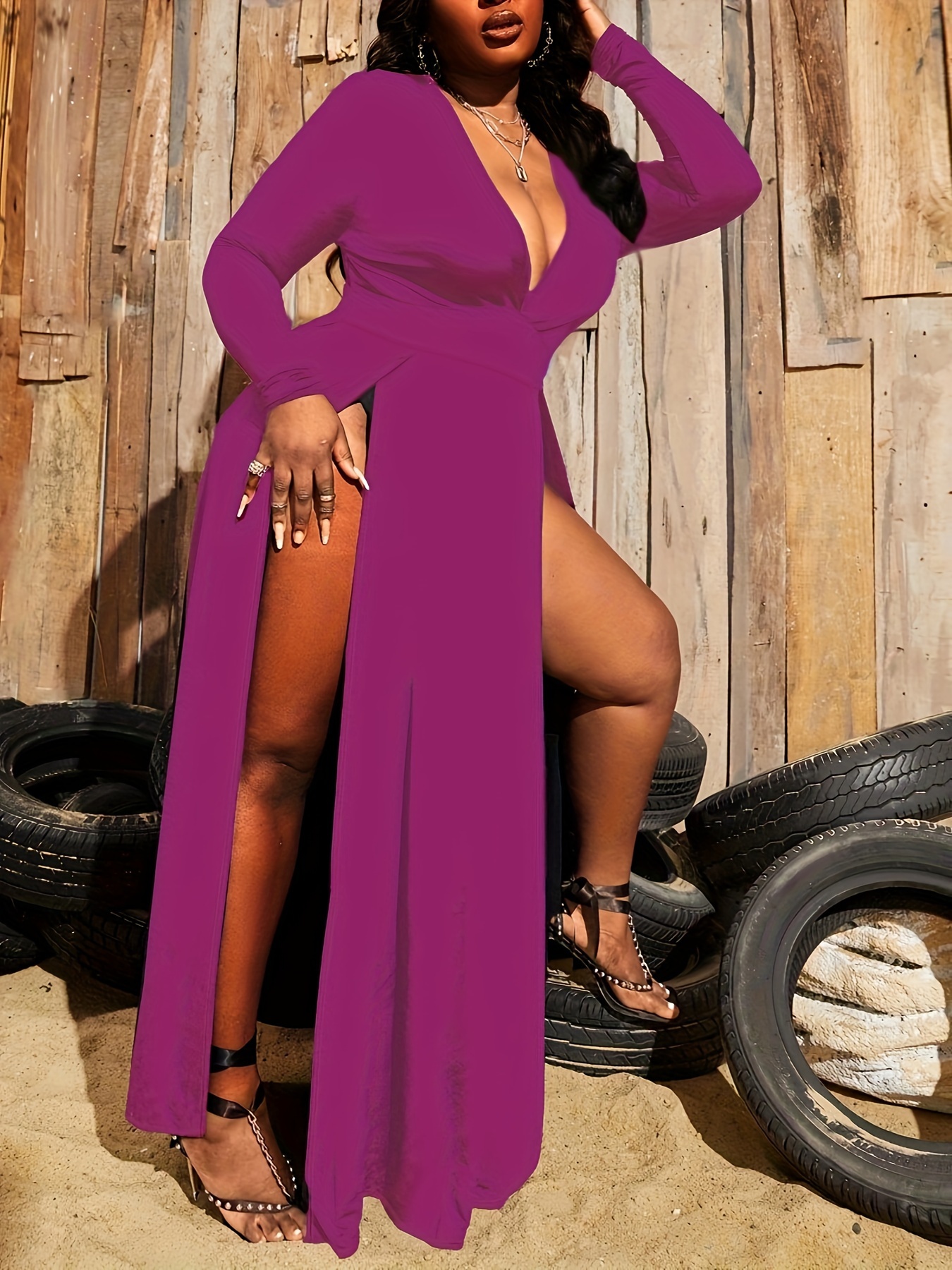 Robe sexy évasée à col V profond à manches longues – Image 6