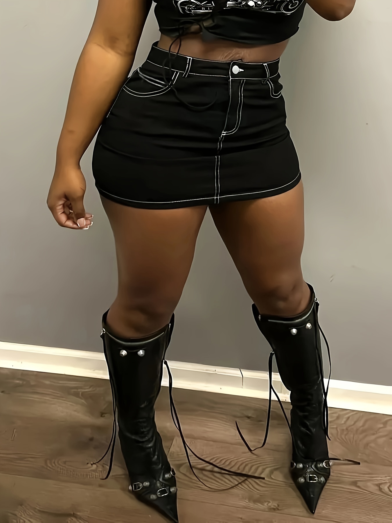 Jupe sexy courte en jean avec fermeture à glissière & boutons – Image 2