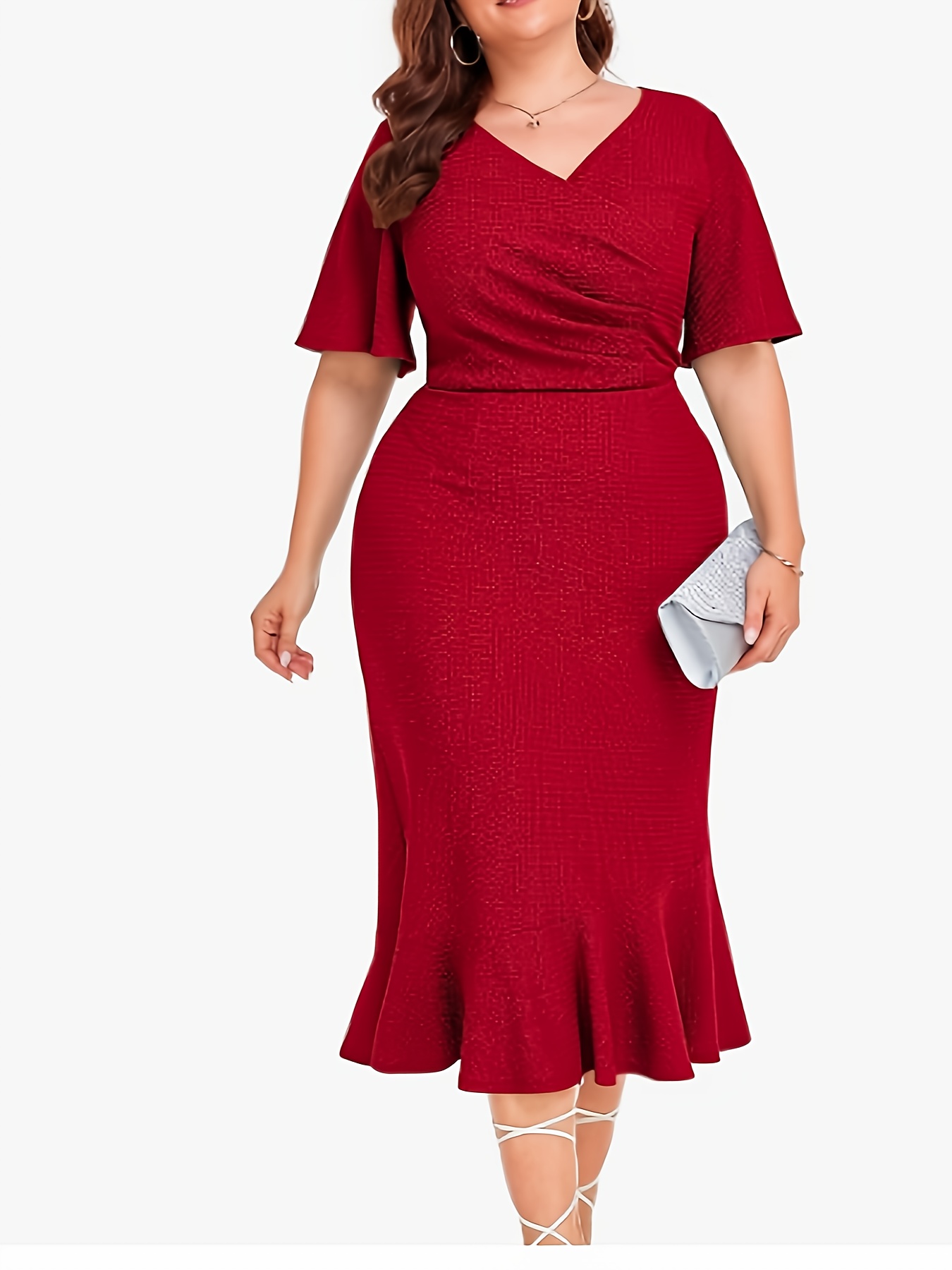 Robe sirène moulante extensible à manches courtes en col V avec ourlet à volants & plis – Image 4