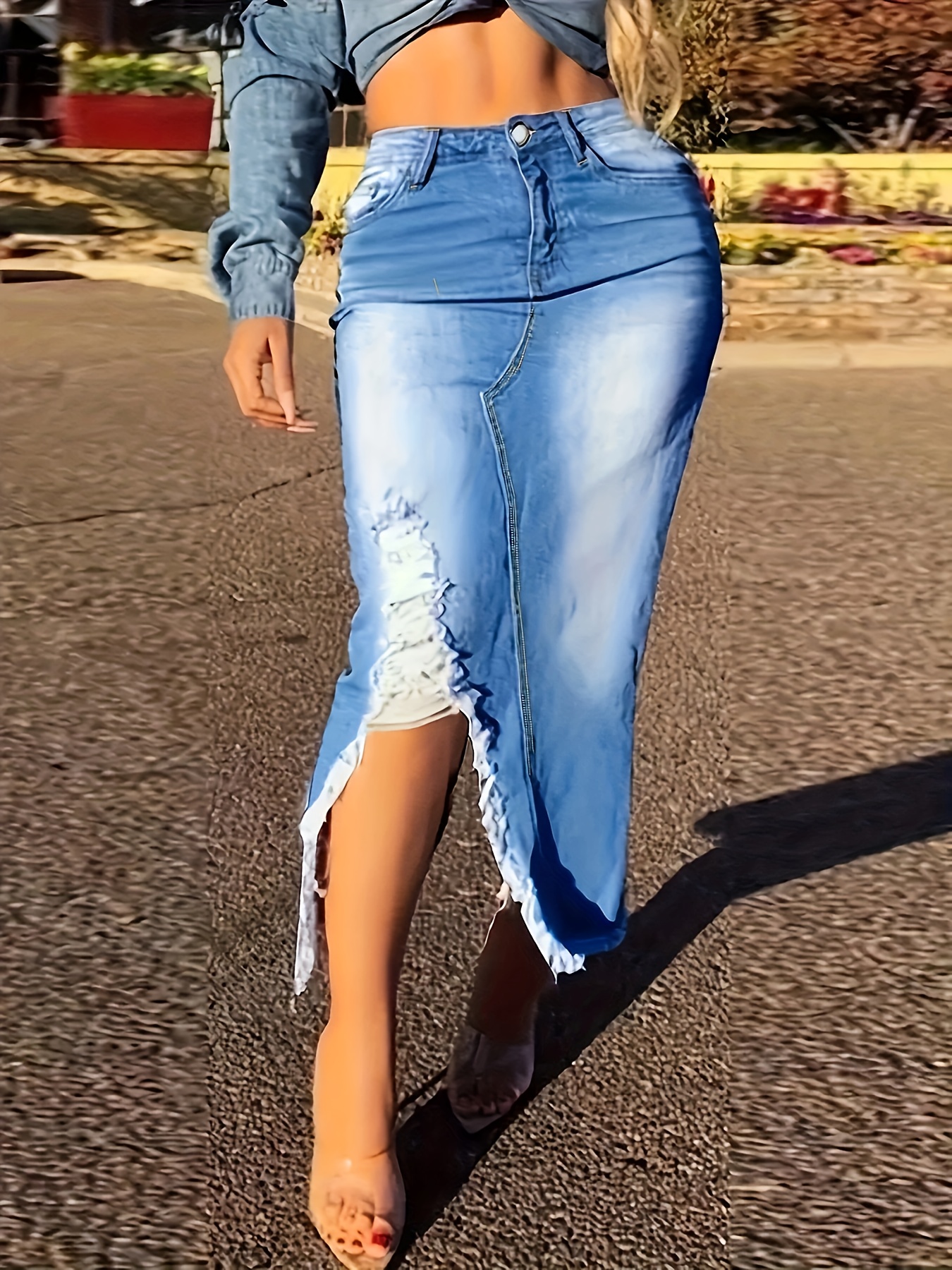 Jupe déchirée élastique taille haute en denim – Image 4