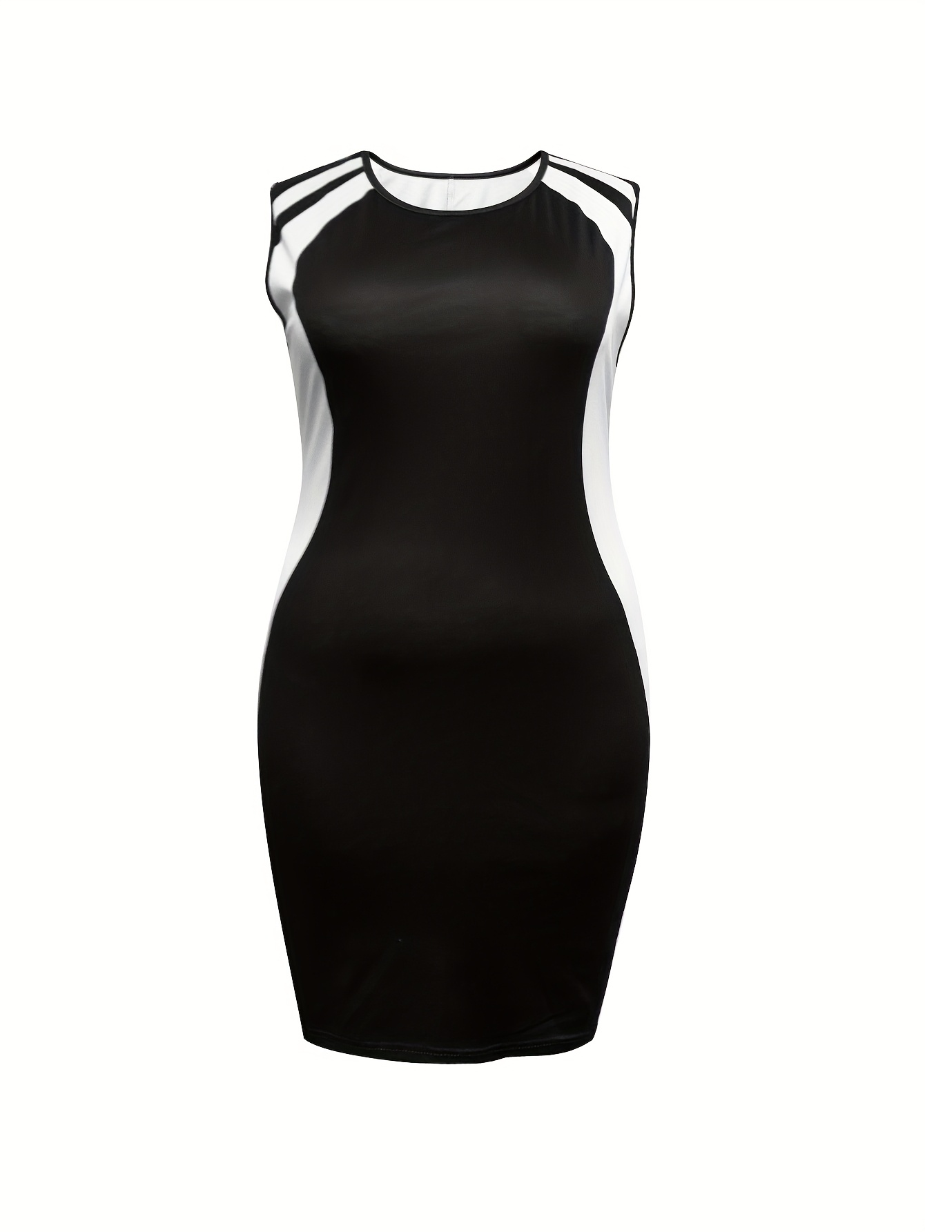 Robe moulante extensible ajustée élégante à col rond sans manches avec design rayé – Image 3