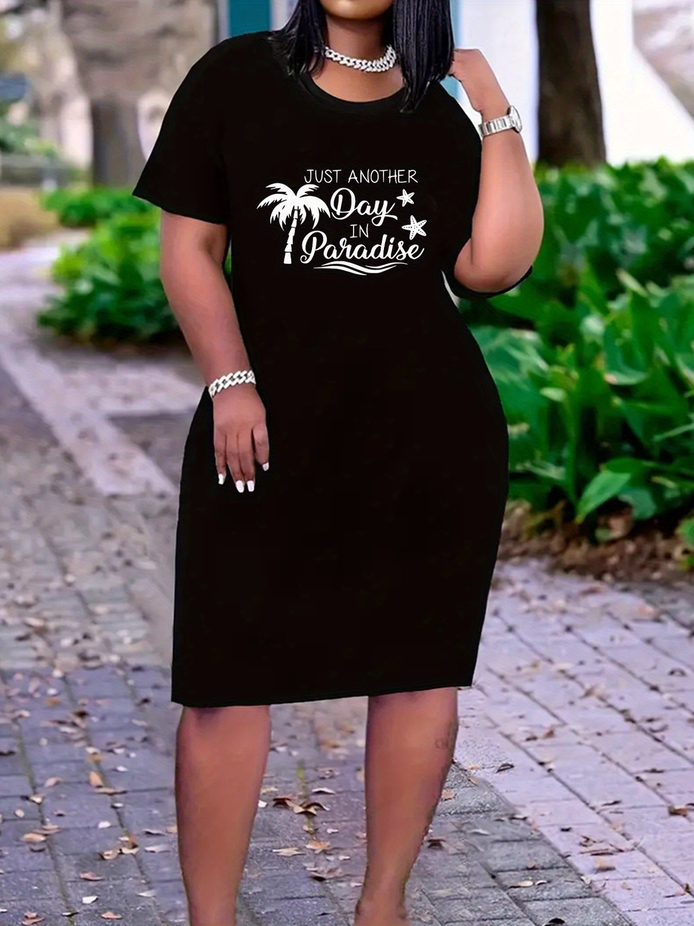 Robe extensible imprimé "just another day in paradise" avec motif palmier à manches courtes à col rond – Image 3