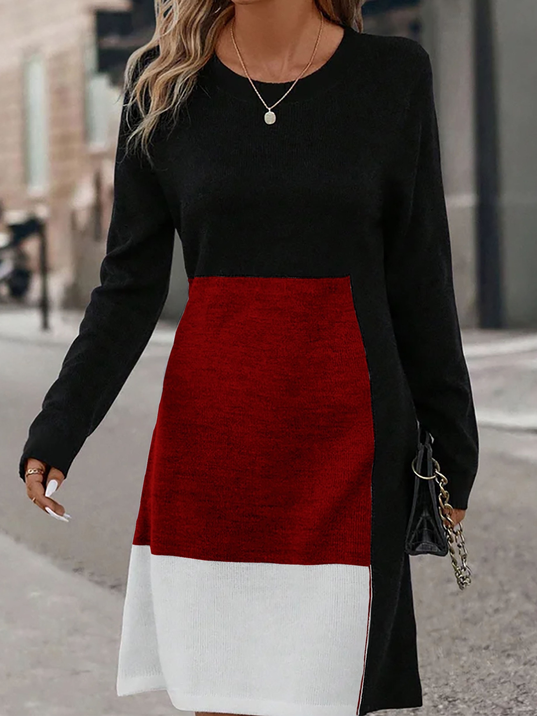 Robe à blocs de couleur en tissu tricoté à col rond à manches longues à élasticité moyenne – Image 4