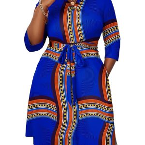 Robe extensible à col V avec ceinture à manches mi-longues