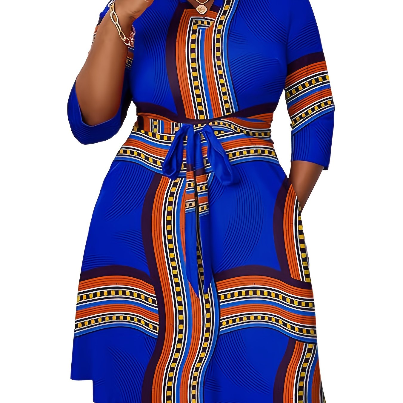 Robe extensible à col V avec ceinture à manches mi-longues