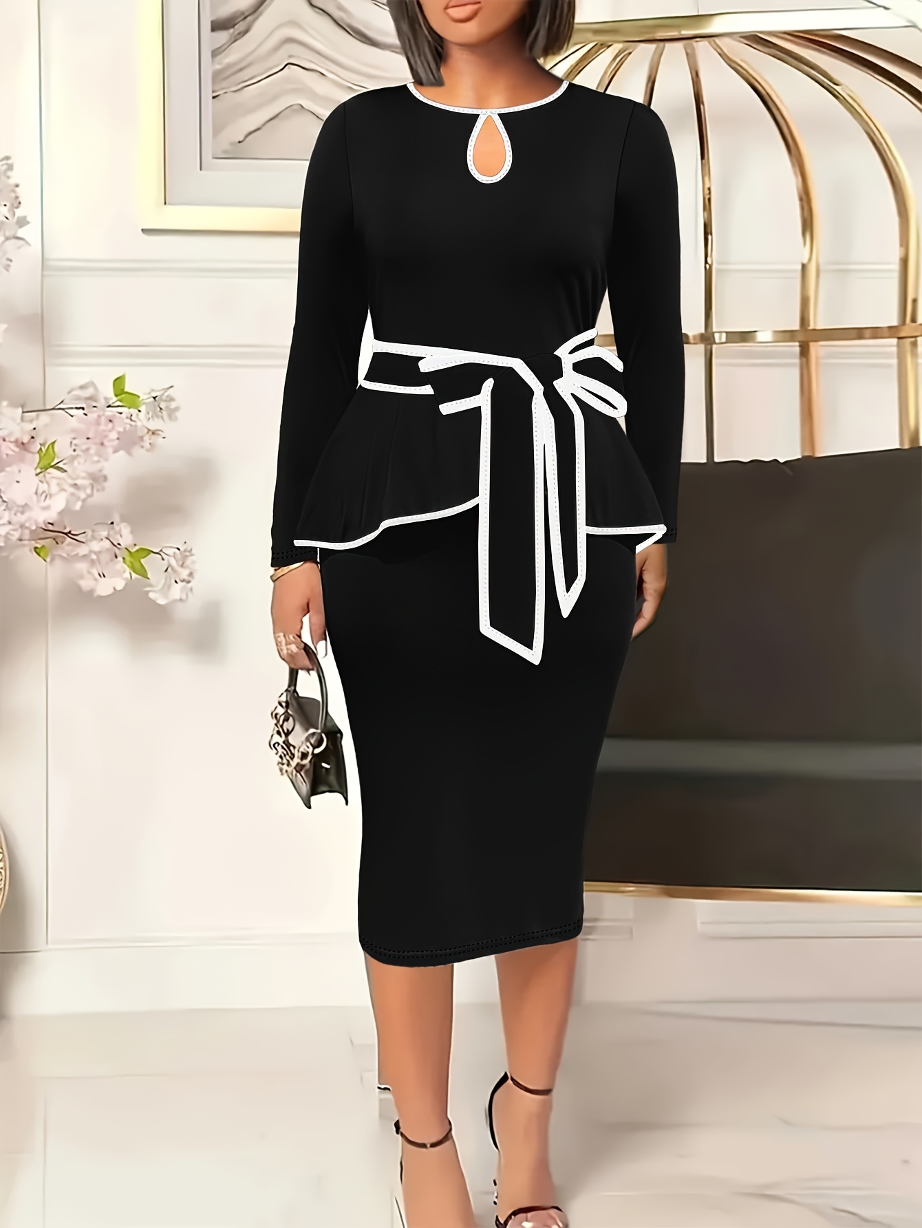 Robe moulante extensible élégante à col rond & bordure contrastée – Image 2