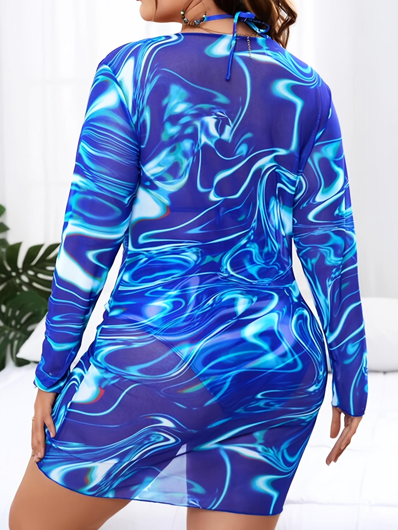 Bikini sexy 3 pièces imprimé bleu fluide – Image 3