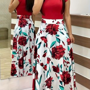Robe élégante à manches courtes imprimé fleuri colorblock & étirement moyen