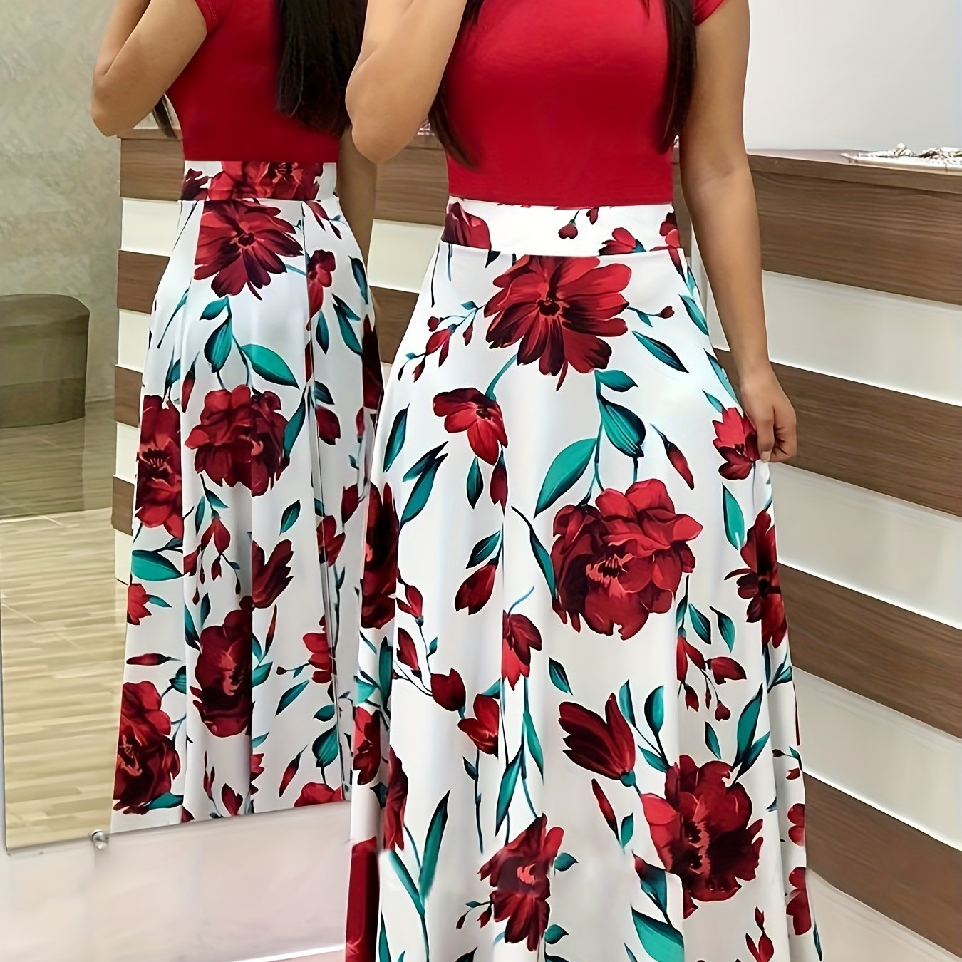 Robe élégante à manches courtes imprimé fleuri colorblock & étirement moyen