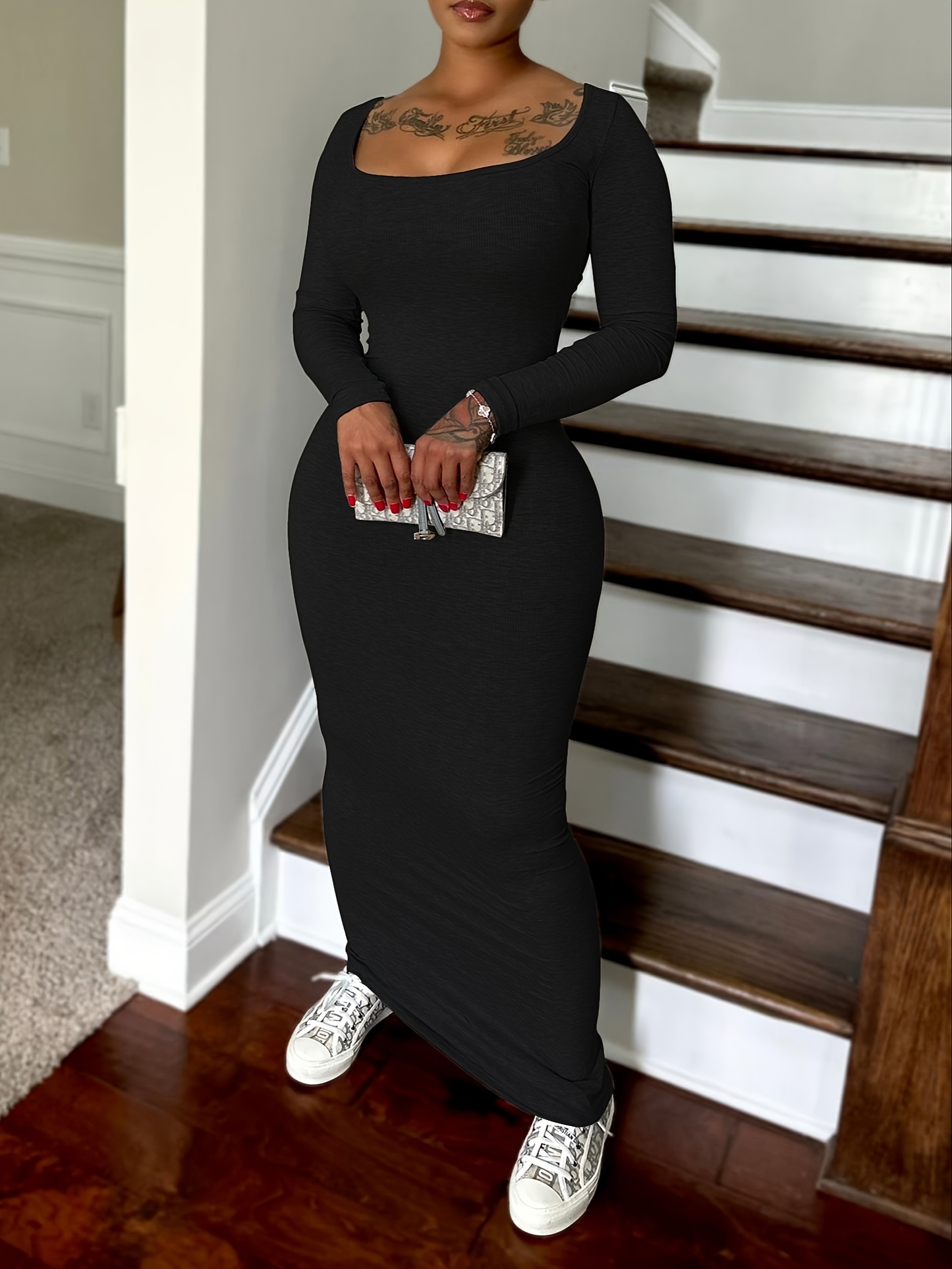 Robe moulante sexy extensible à manches longues à encolure carré – Image 2