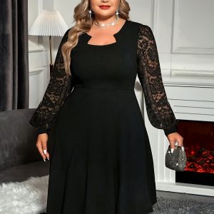 Robe élégante extensible à col V avec dentelle à manches longues