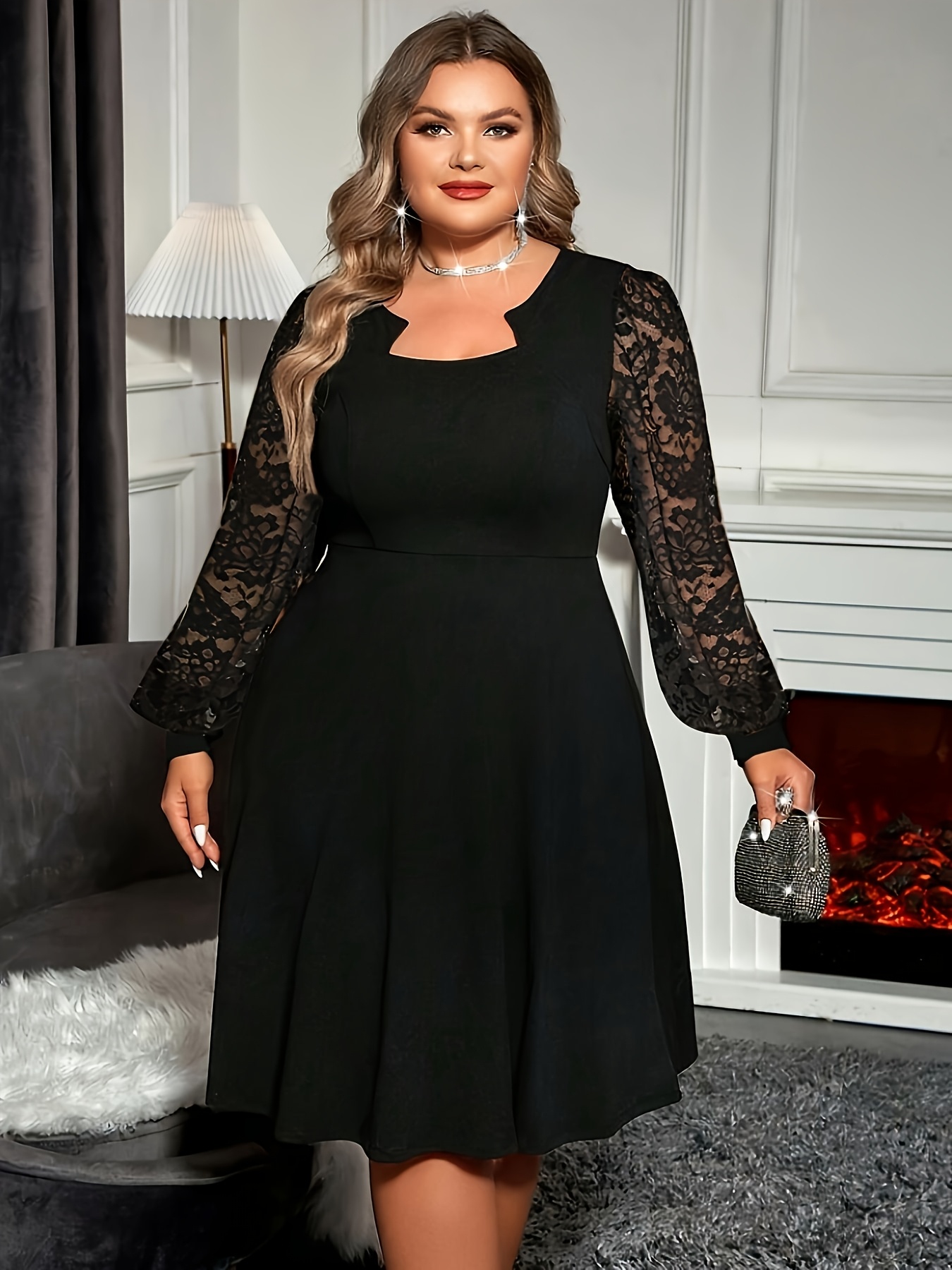 Robe élégante extensible à col V avec dentelle à manches longues