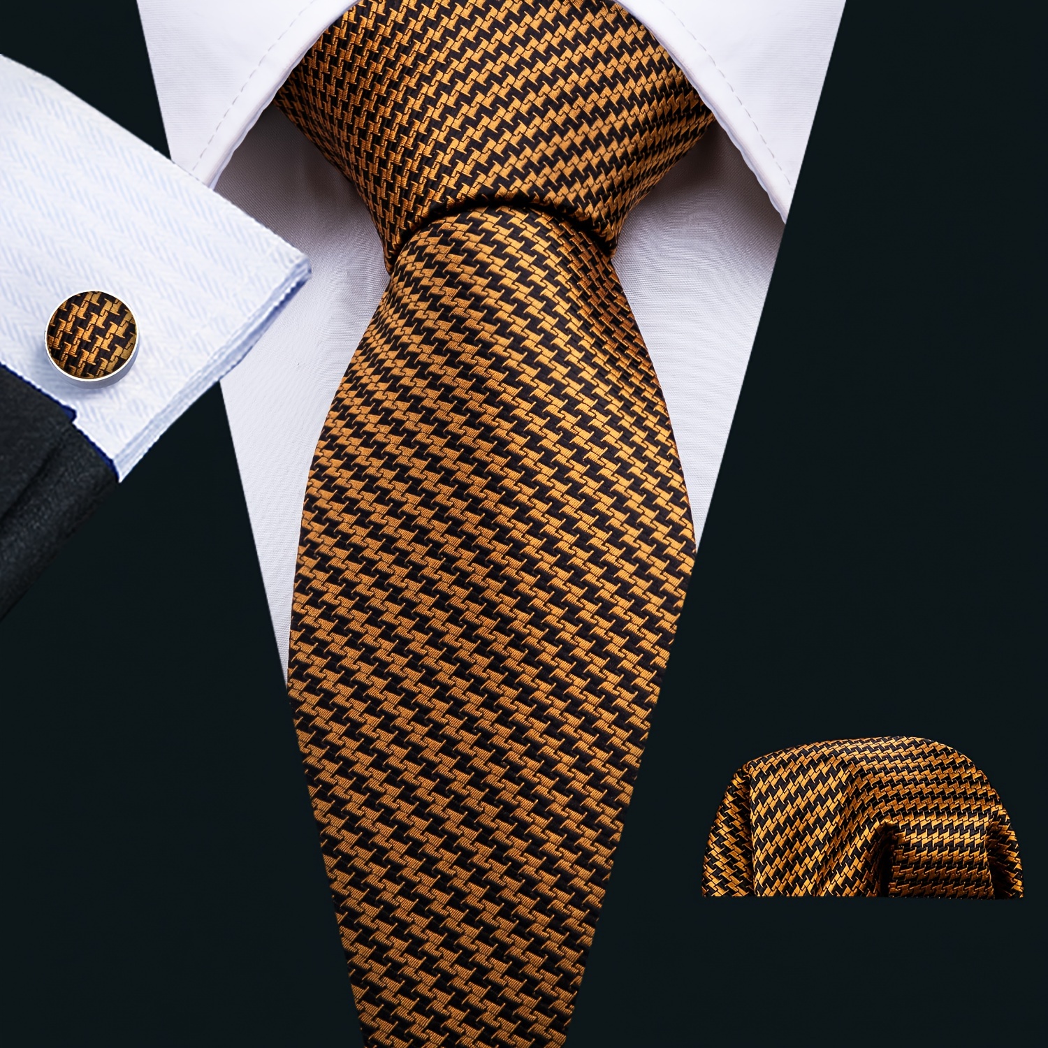 Ensemble cravate en soie + mouchoir + boutons de manchette avec design à rayures jacquard – Image 16
