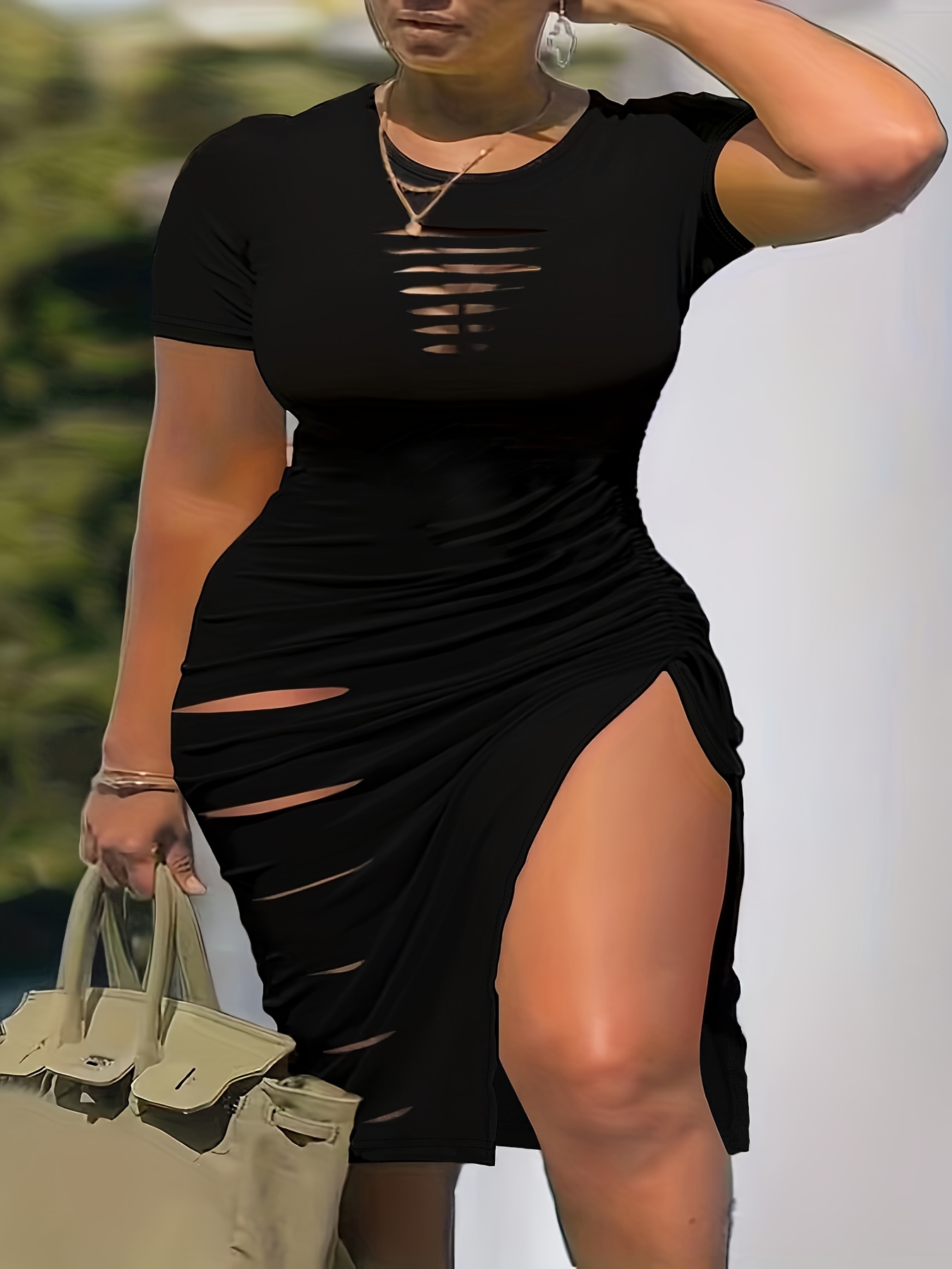 Robe moulante à manches courtes avec détails burn-out & fente sur le côté de la cuisse – Image 4