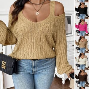 Pull en tricot chic en col V à épaules dénudées à manches longues
