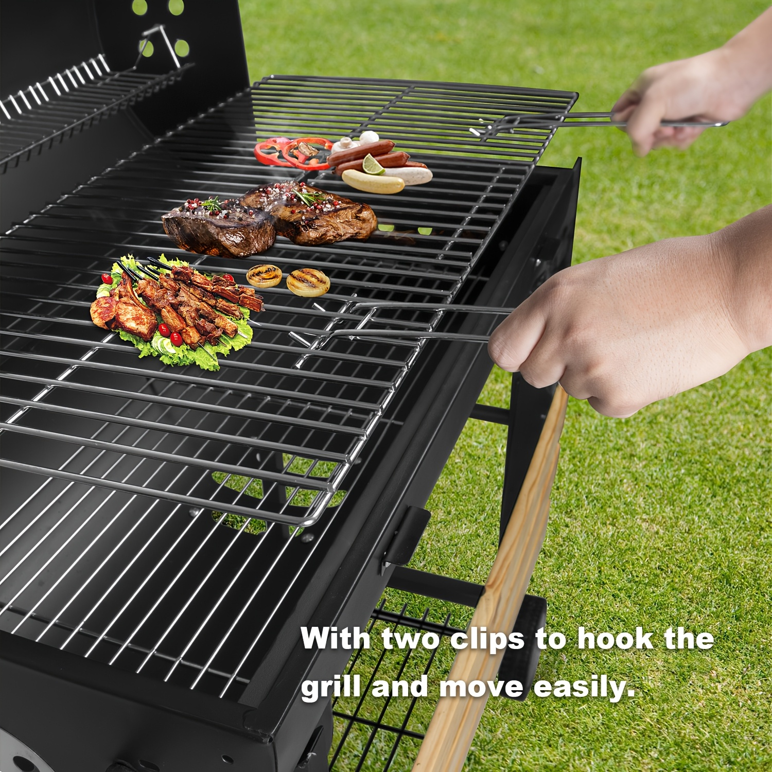 Chariot à grill à charbon de bois avec couvercle, roues, thermomètre & poignée en acier inoxydable – Image 4