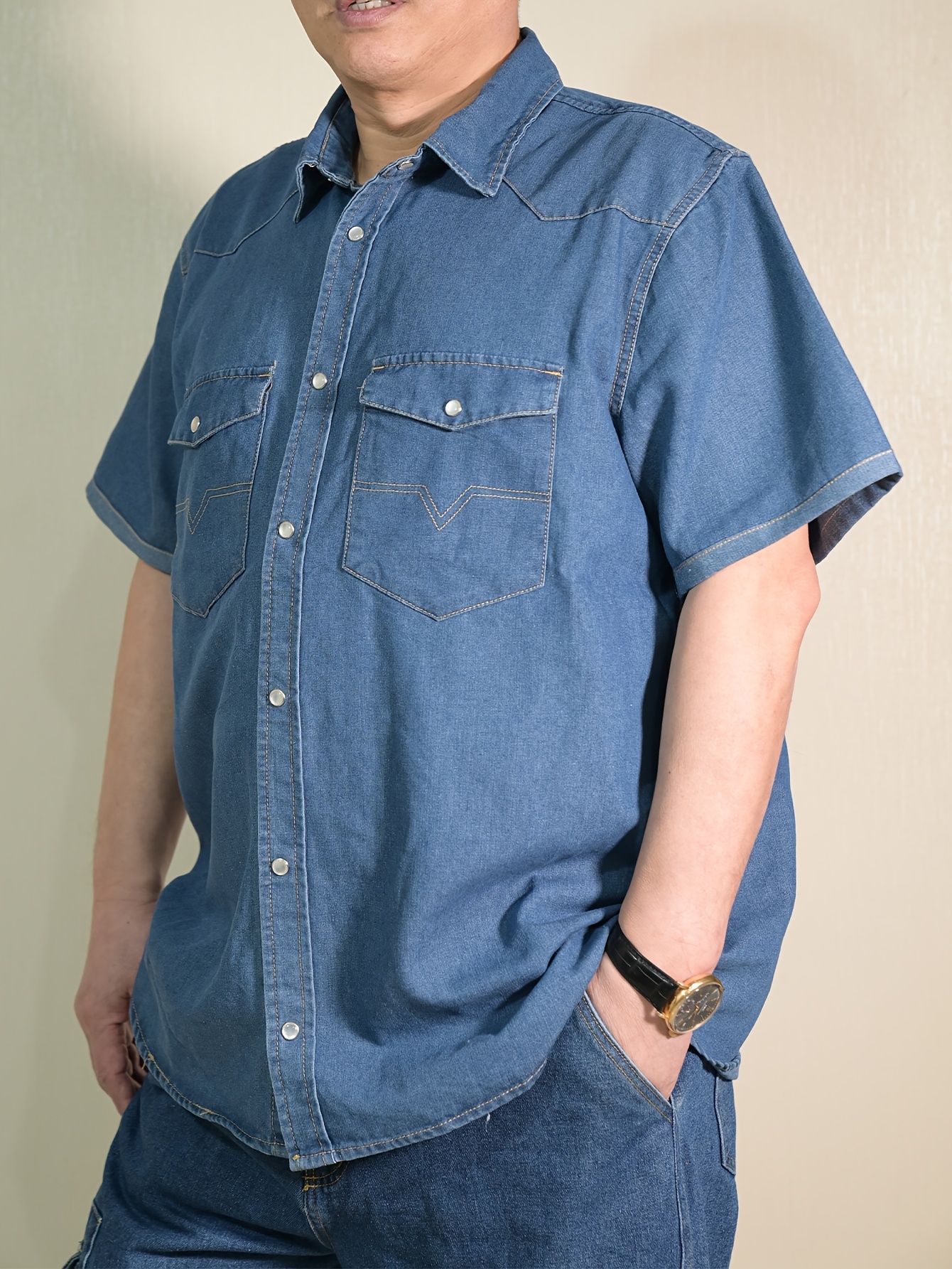 Chemise non extensible en denim vintage à manches courtes avec col à revers – Image 10