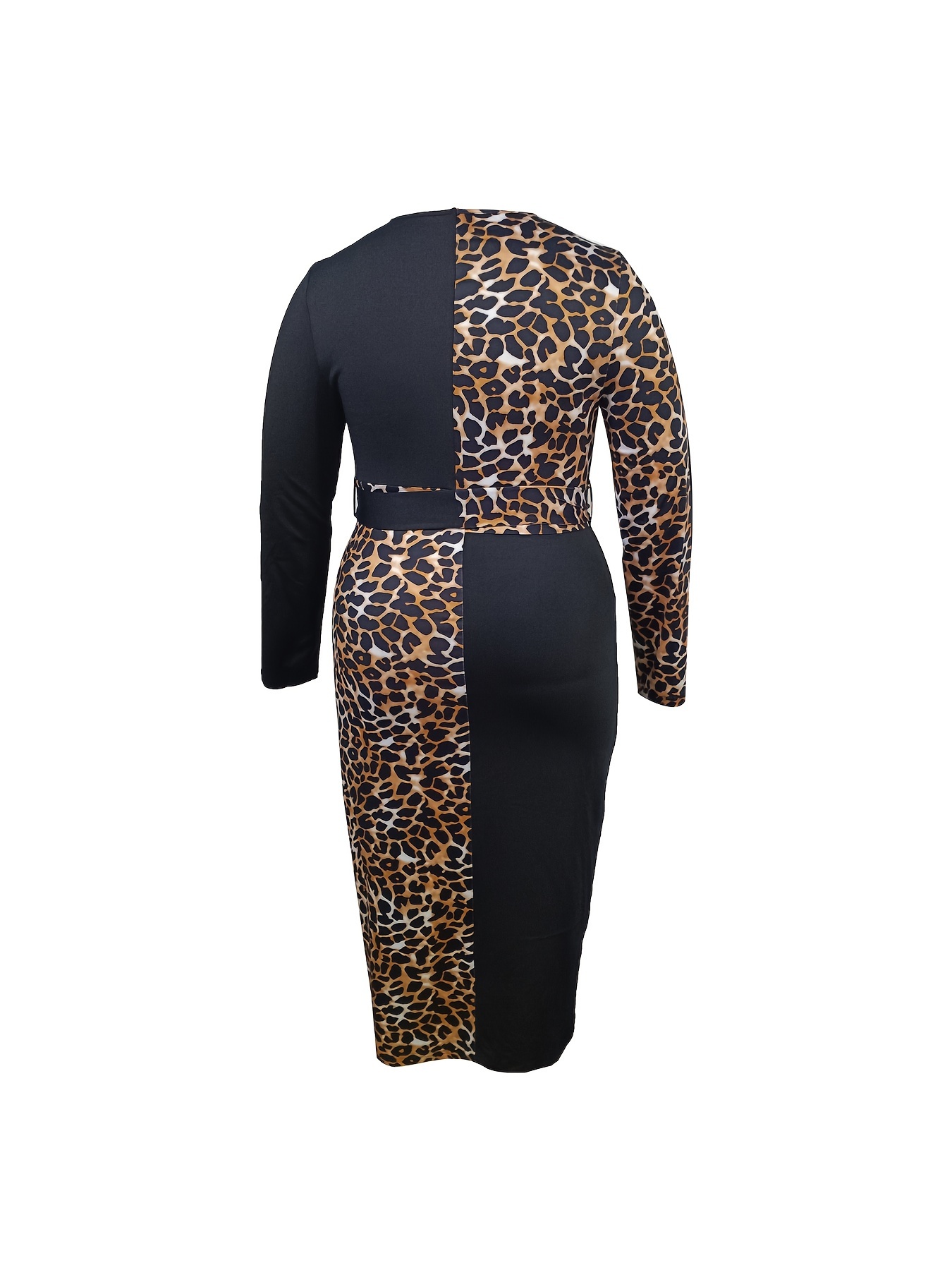 Robe élégante extensible à imprimé léopard à manches longues à col V profond avec détail ceinture – Image 3