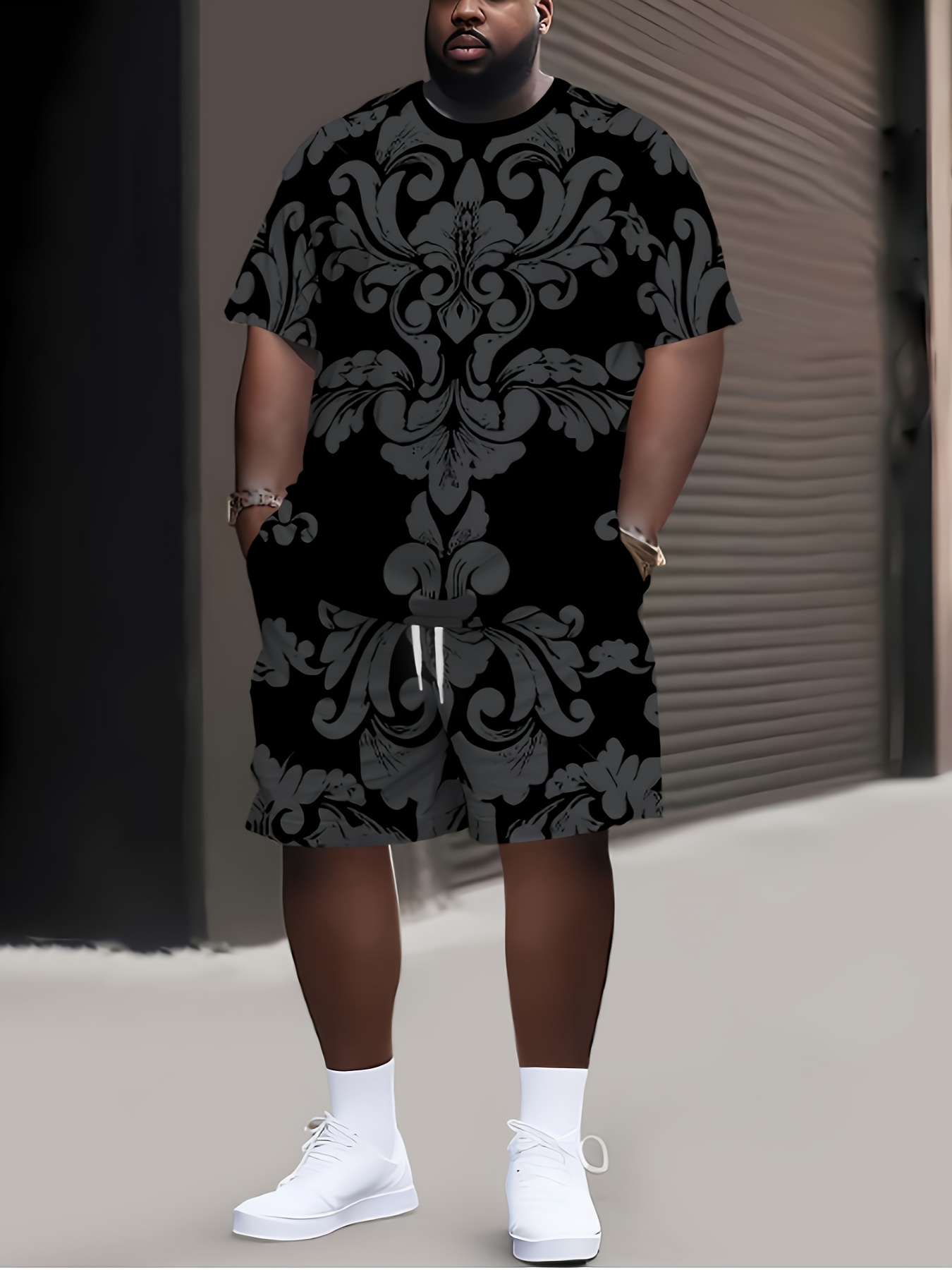 Ensemble t-shirt & short imprimé géométrique en tissu tricoté à élasticité légère – Image 2