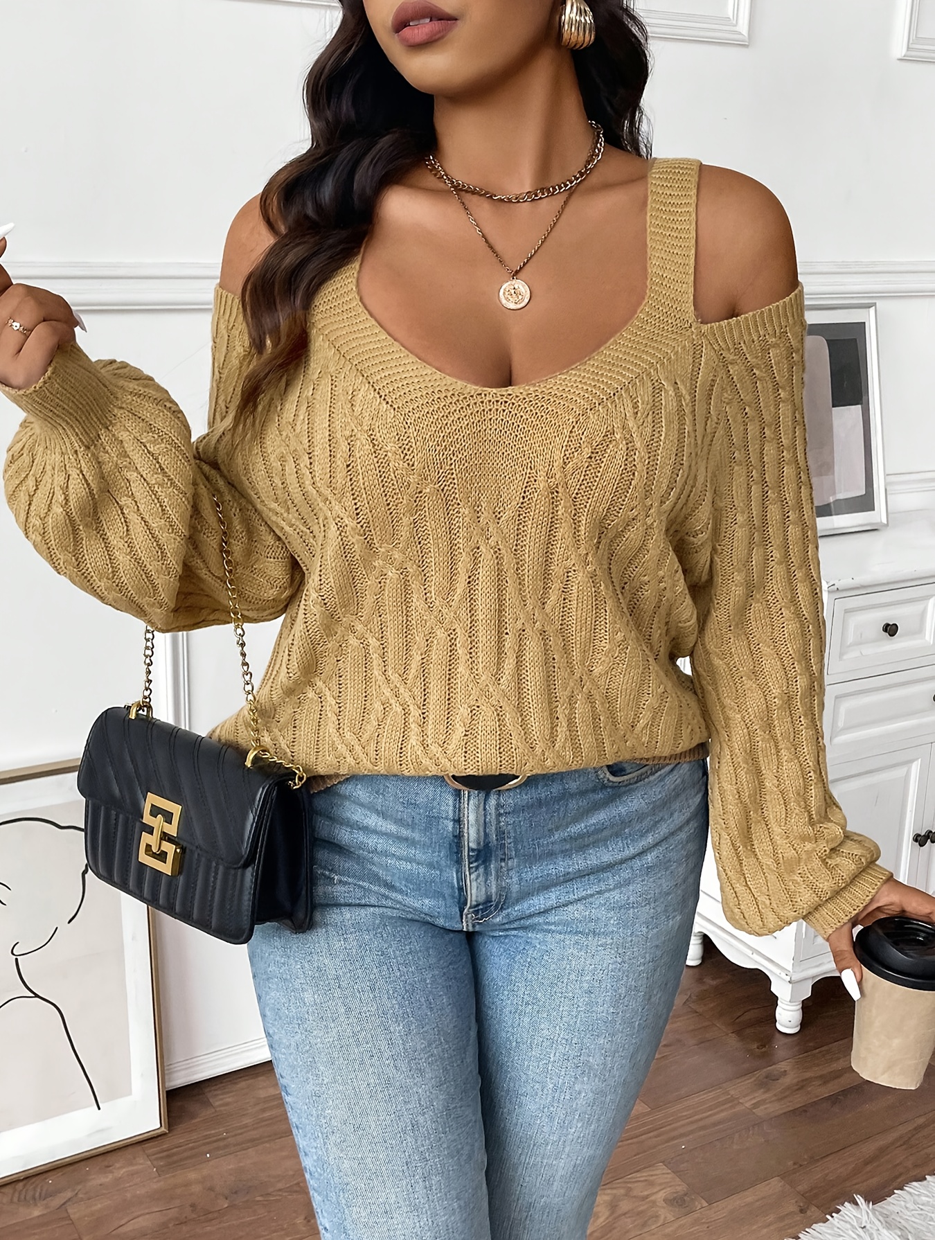 Pull en tricot chic en col V à épaules dénudées à manches longues – Image 4