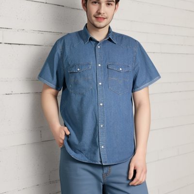 Chemise non extensible en denim vintage à manches courtes avec col à revers
