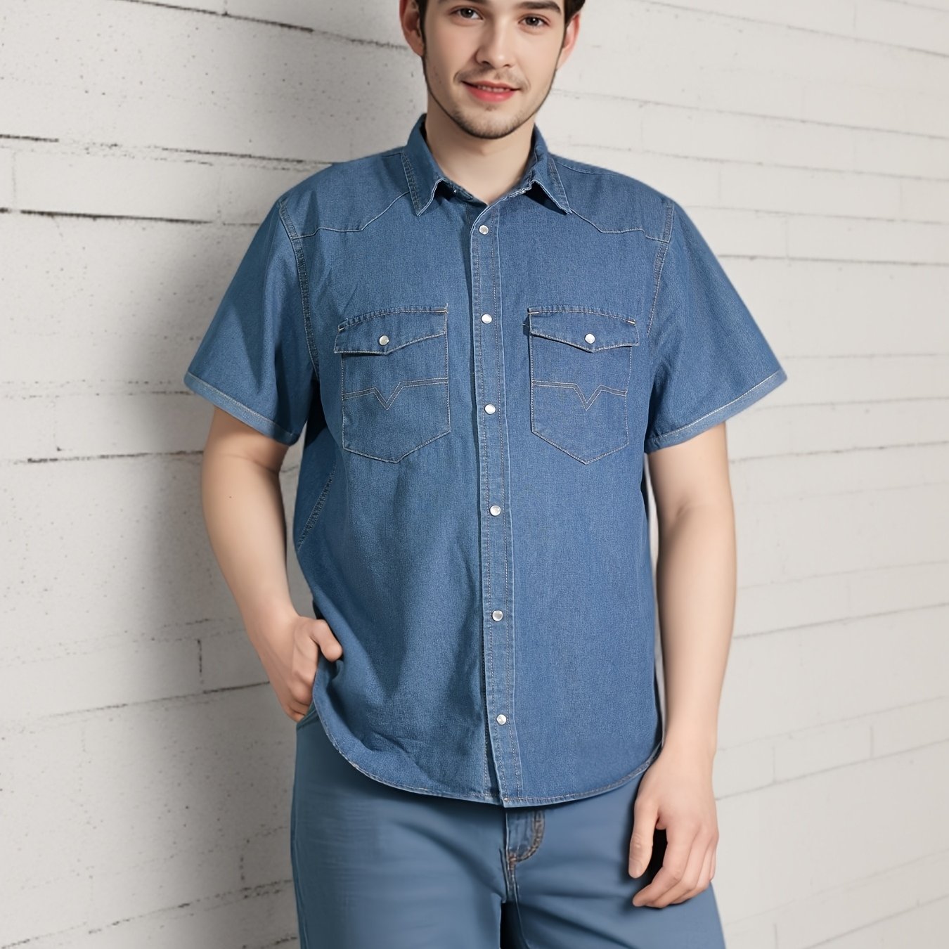 Chemise non extensible en denim vintage à manches courtes avec col à revers