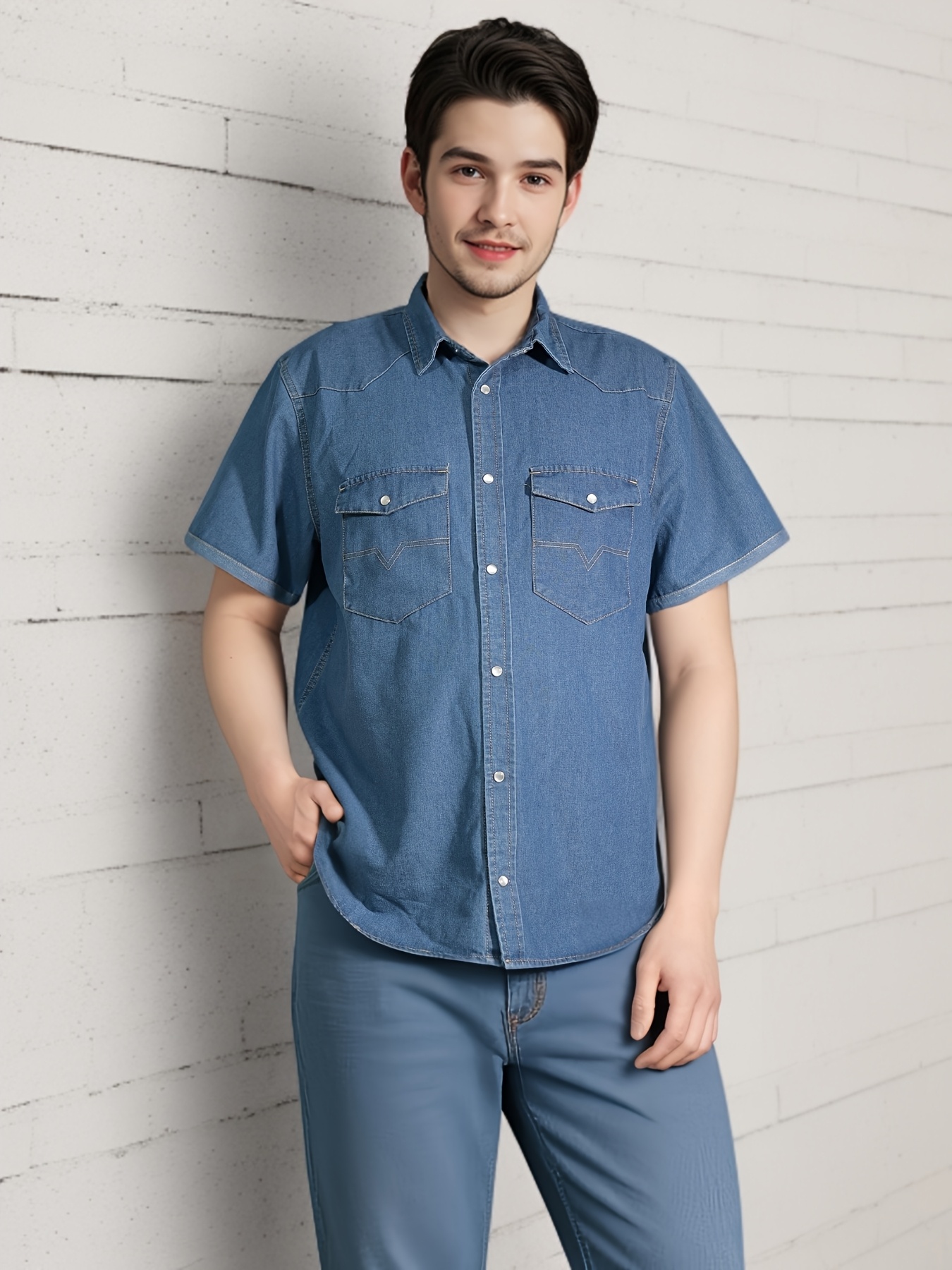 Chemise non extensible en denim vintage à manches courtes avec col à revers – Image 2
