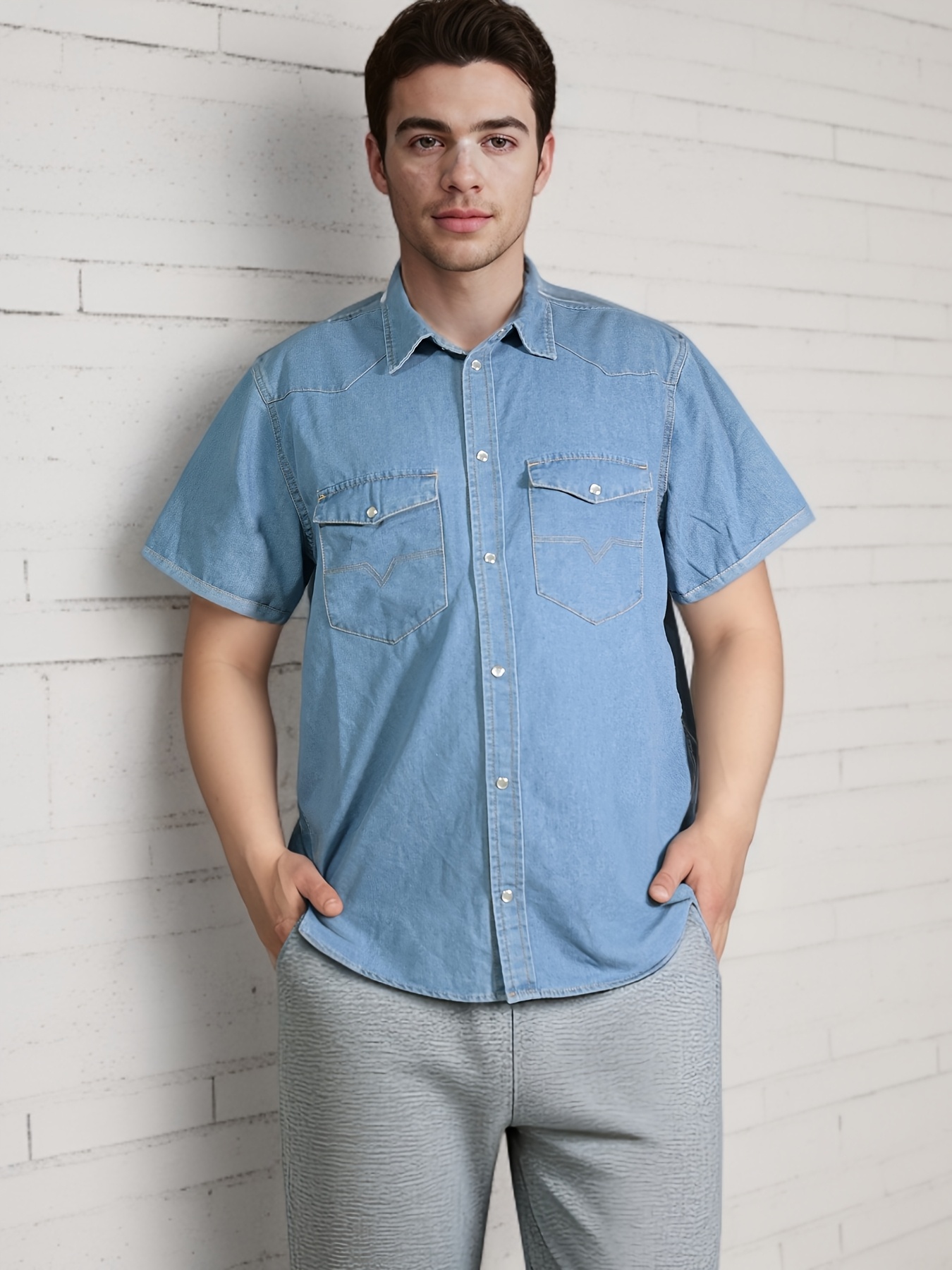 Chemise non extensible en denim vintage à manches courtes avec col à revers – Image 11