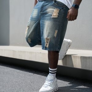 Baggy short en denim délavé avec trous
