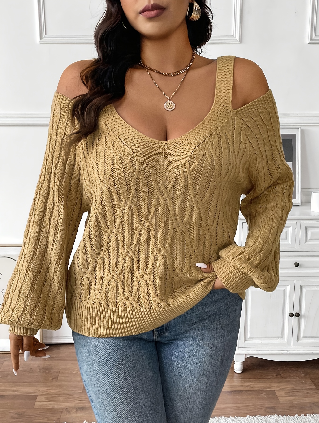 Pull en tricot chic en col V à épaules dénudées à manches longues – Image 5