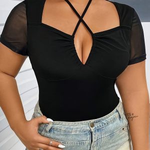 Top en maille semi-transparent à manche courtes avec col V