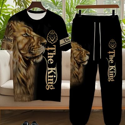 Ensemble sport à motif 3D lion majestueux avec t-shirt & jogging