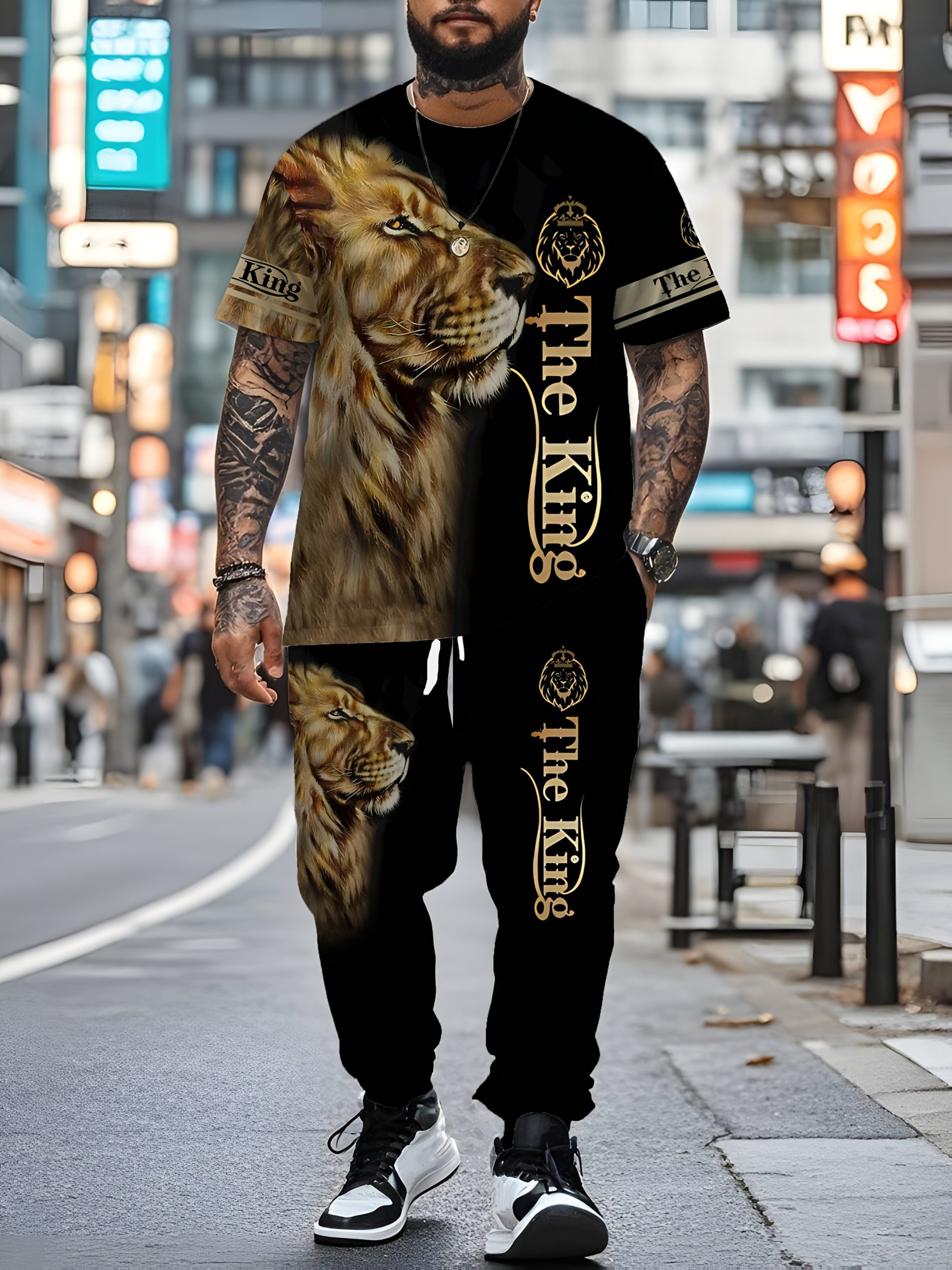Ensemble sport à motif 3D lion majestueux avec t-shirt & jogging – Image 3