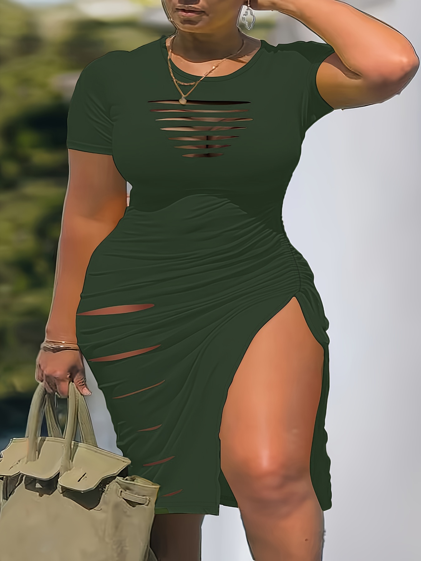 Robe moulante à manches courtes avec détails burn-out & fente sur le côté de la cuisse – Image 3