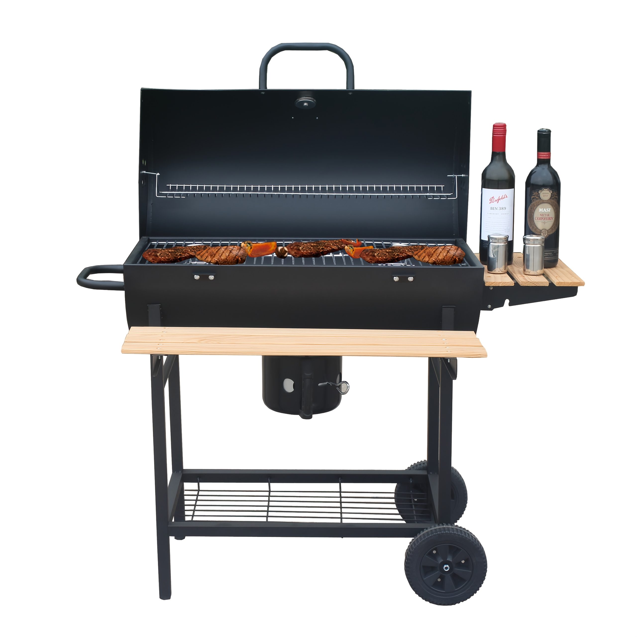Chariot à grill à charbon de bois avec couvercle, roues, thermomètre & poignée en acier inoxydable – Image 5