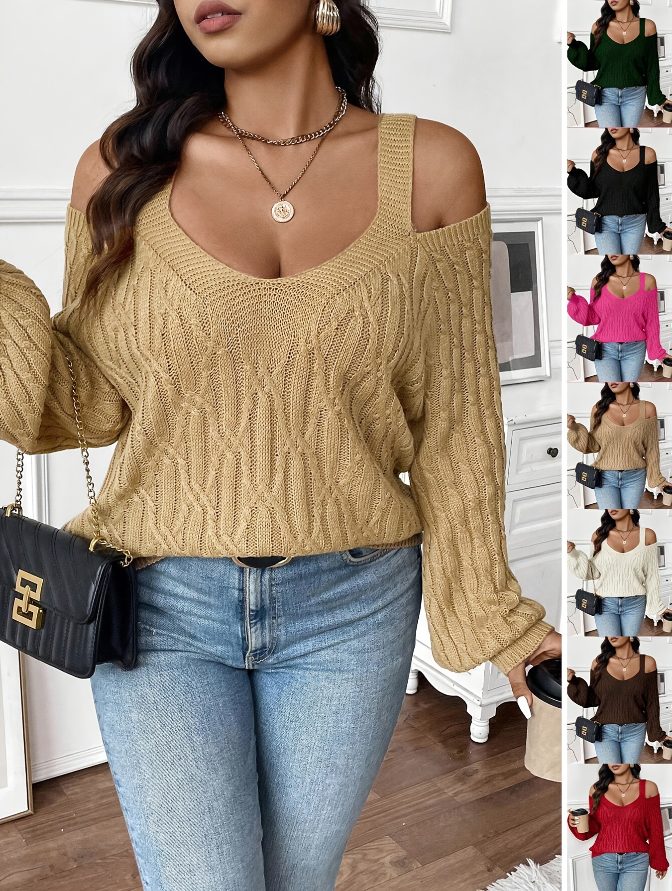 Pull en tricot chic en col V à épaules dénudées à manches longues – Image 2