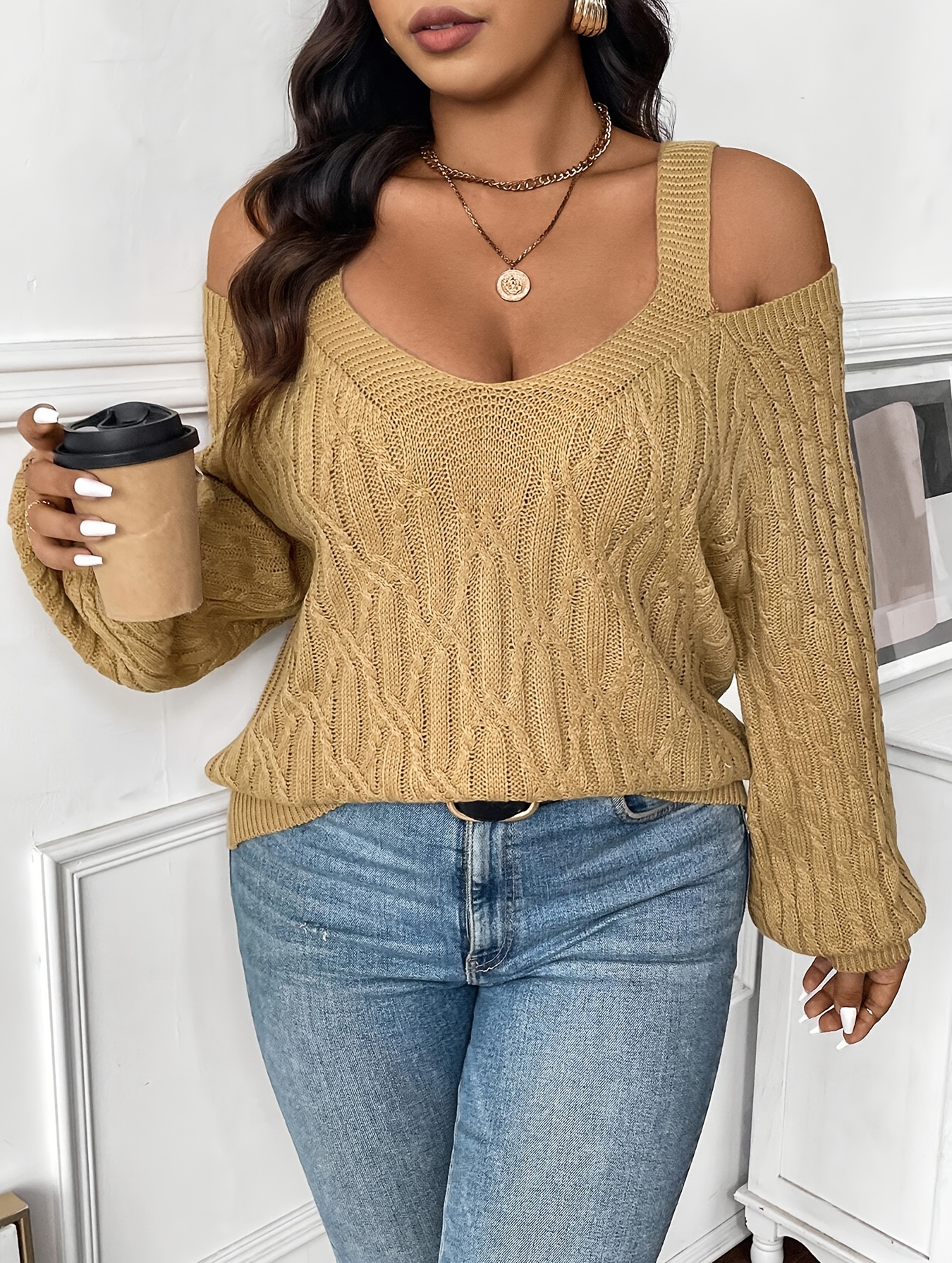 Pull en tricot chic en col V à épaules dénudées à manches longues – Image 6