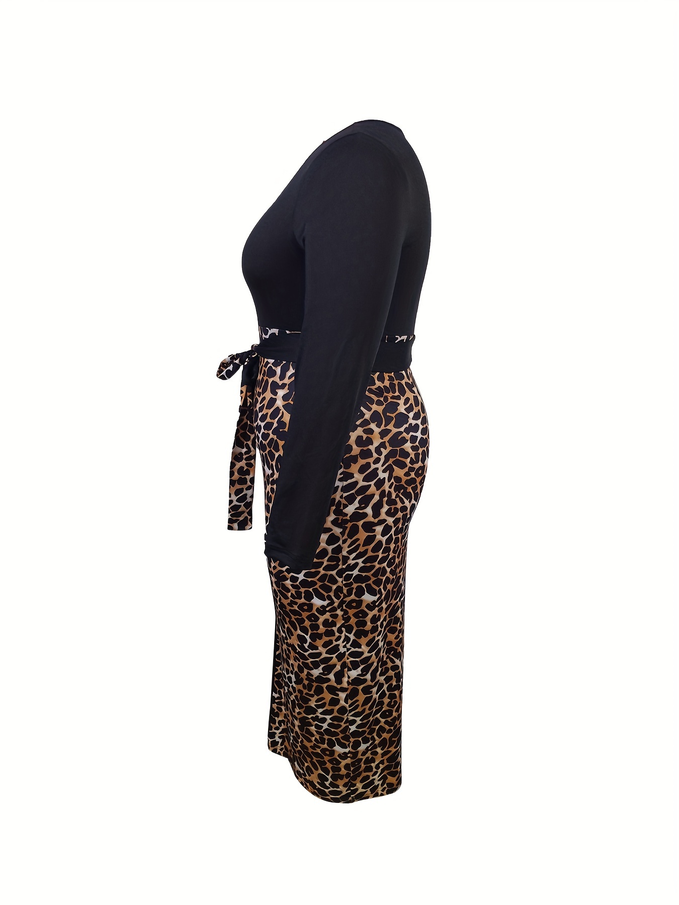 Robe élégante extensible à imprimé léopard à manches longues à col V profond avec détail ceinture – Image 4