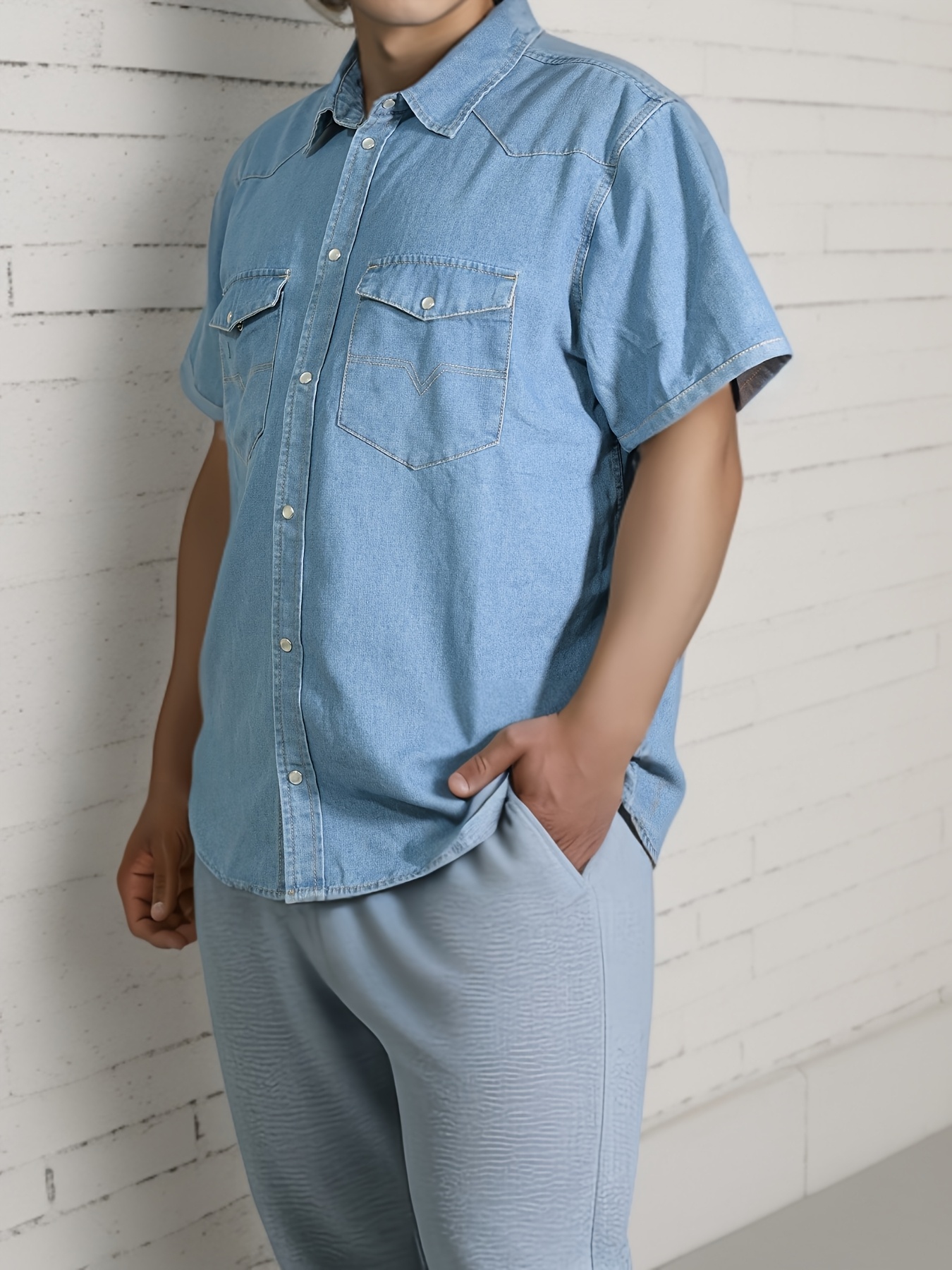 Chemise non extensible en denim vintage à manches courtes avec col à revers – Image 5