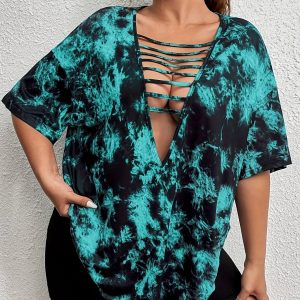 T-shirt extensible à col V profond & motif Tie-Dye