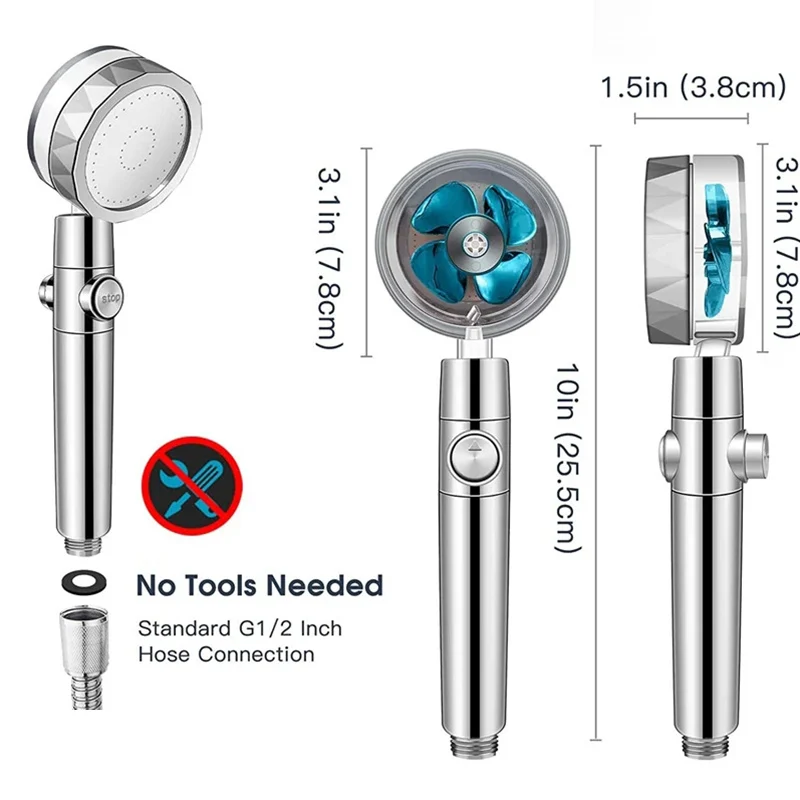 Pommeau de douche avec ventilateur turbo haute pression à rotation 360° degrés – Image 3