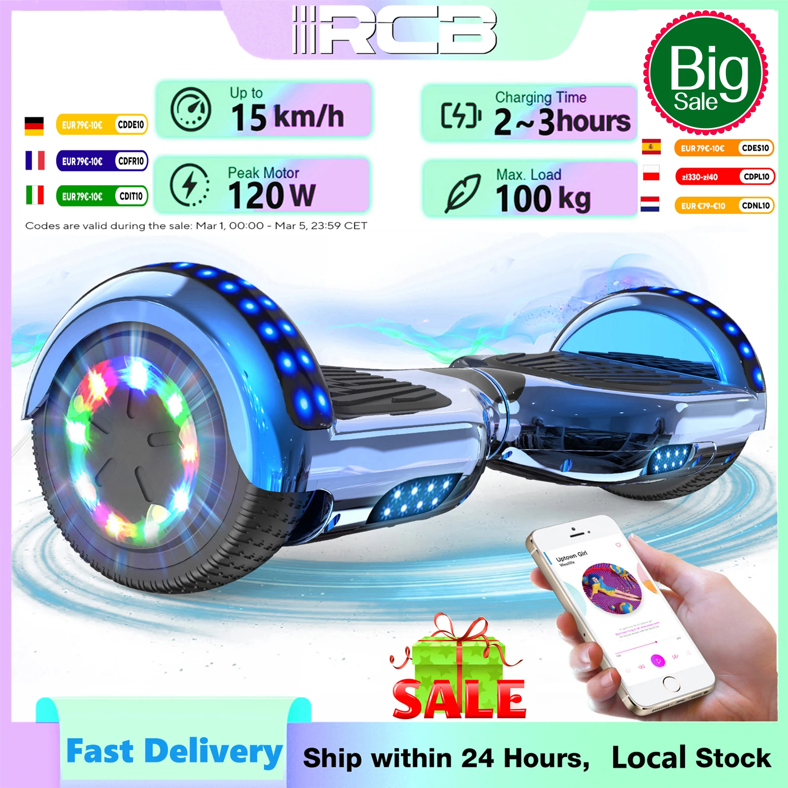 Hoverboard à 2 roues de 6.5 pouces avec haut parleur bluetooth & LED