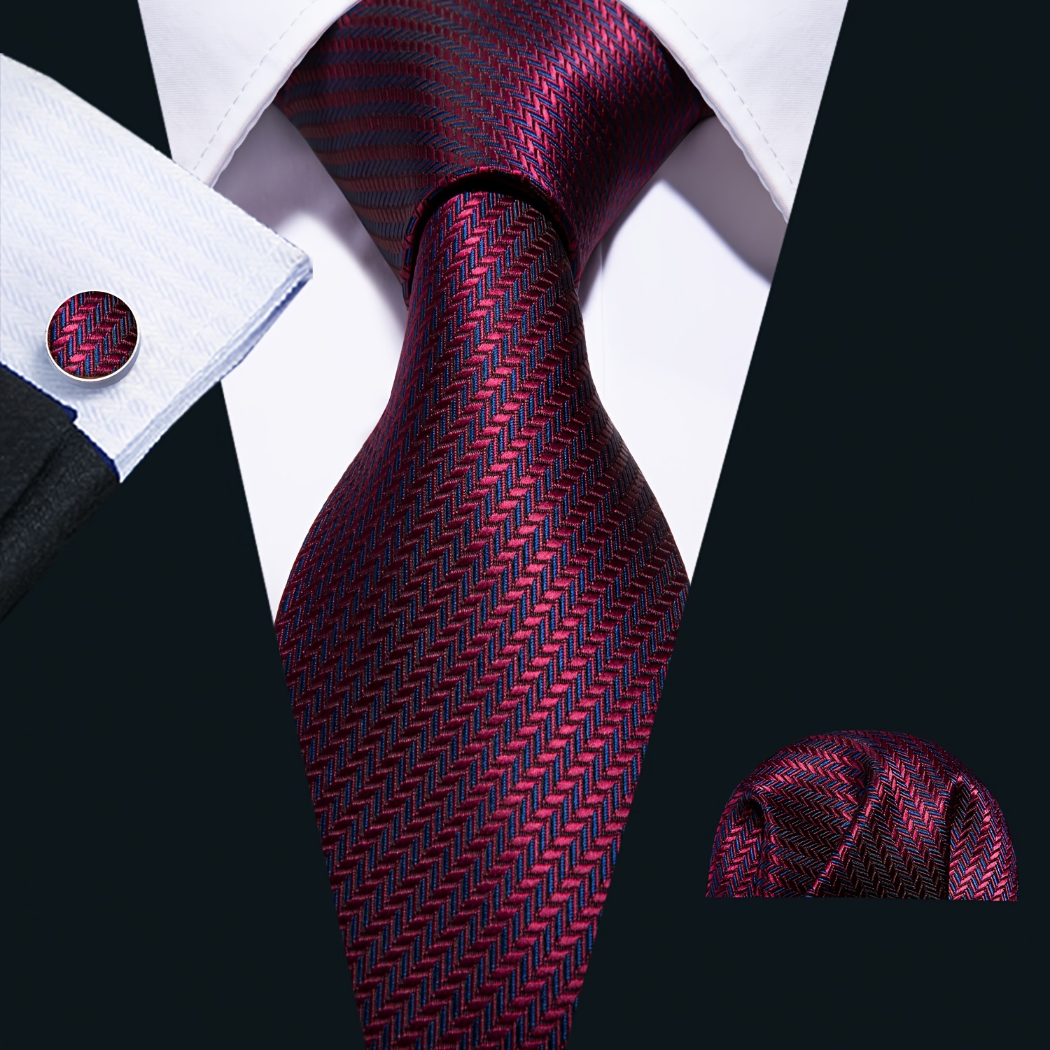 Ensemble cravate en soie + mouchoir + boutons de manchette avec design à rayures jacquard – Image 10