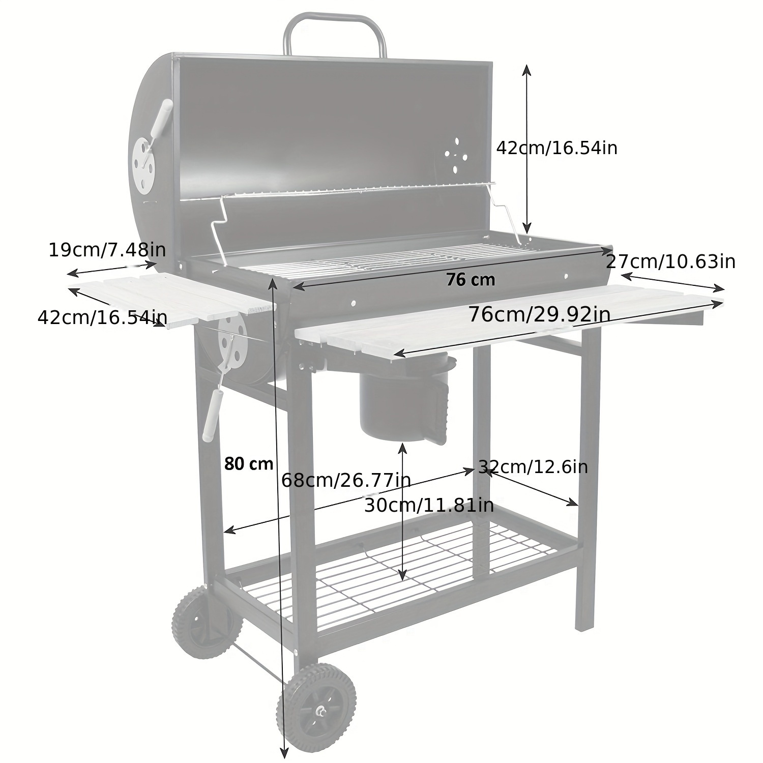 Chariot à grill à charbon de bois avec couvercle, roues, thermomètre & poignée en acier inoxydable – Image 2
