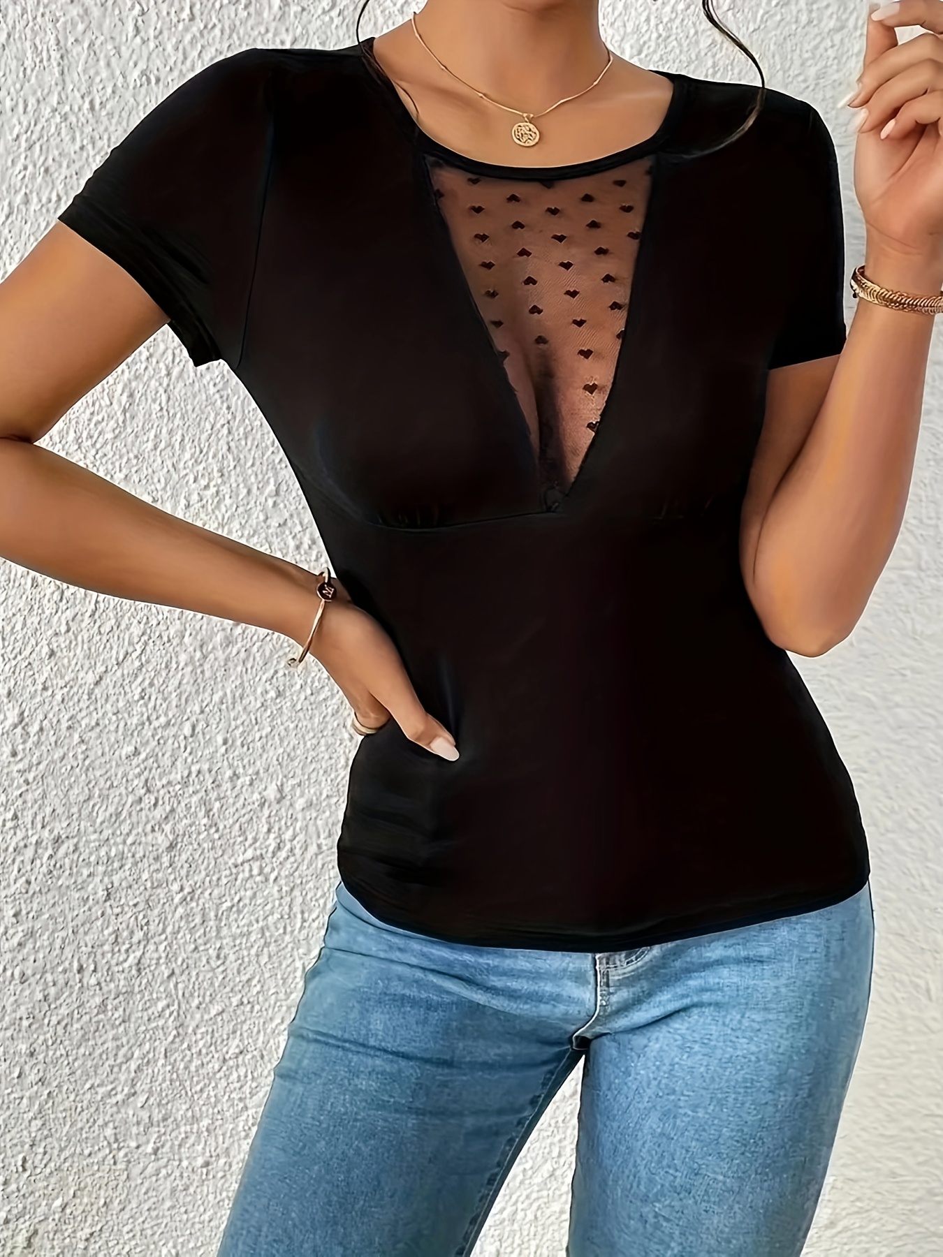 T-shirt à manches longues à col rond à coupe ajustée avec panneau en maille – Image 6