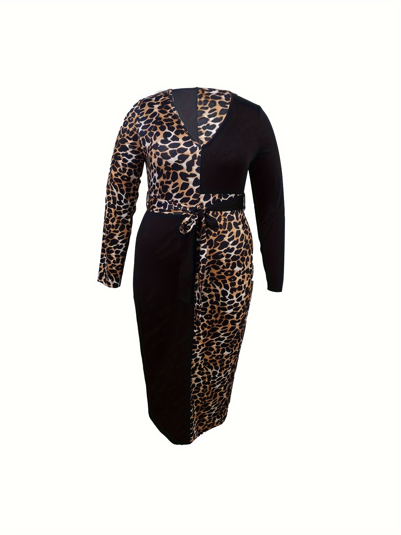 Robe élégante extensible à imprimé léopard à manches longues à col V profond avec détail ceinture – Image 5