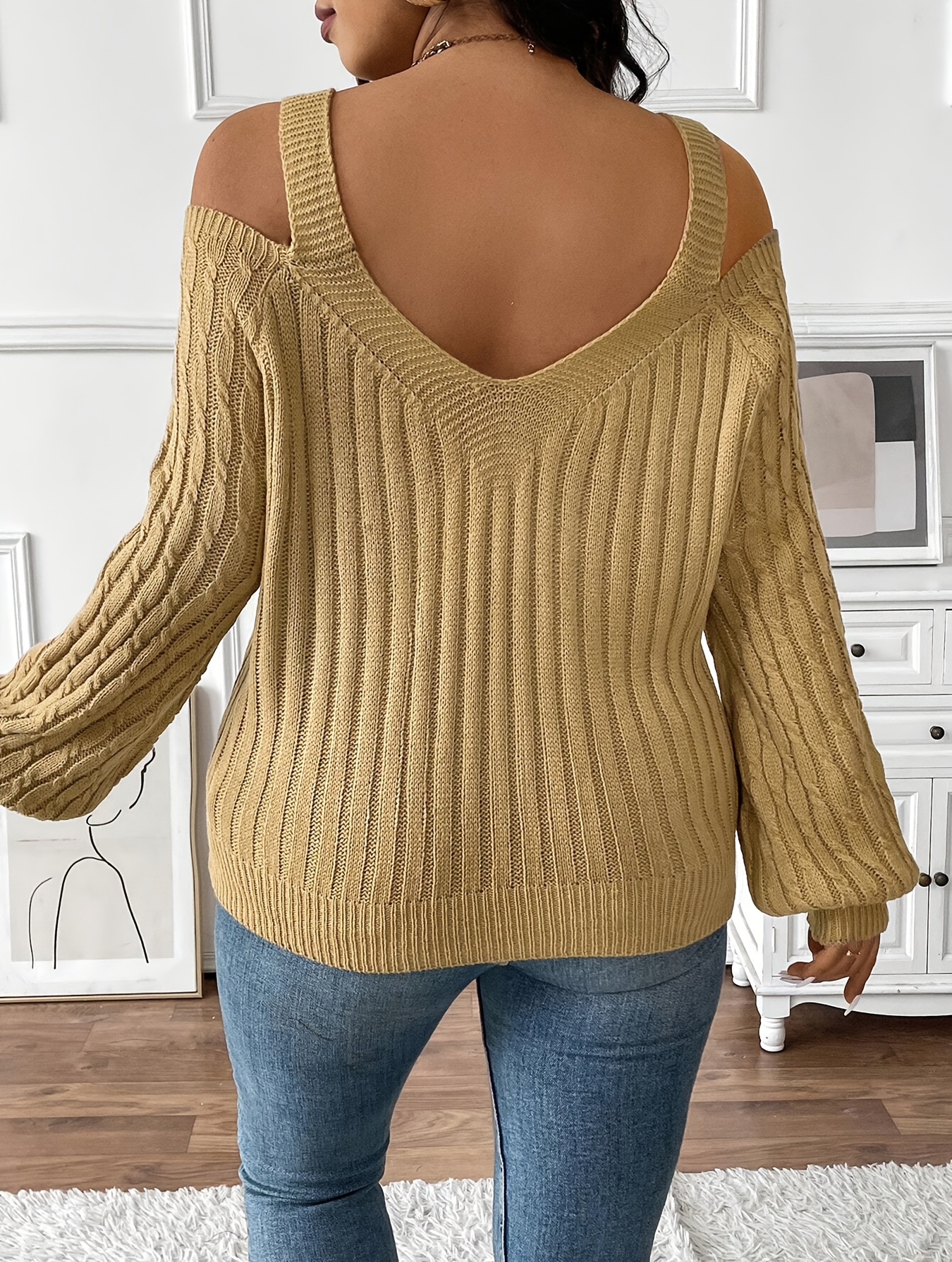 Pull en tricot chic en col V à épaules dénudées à manches longues – Image 3